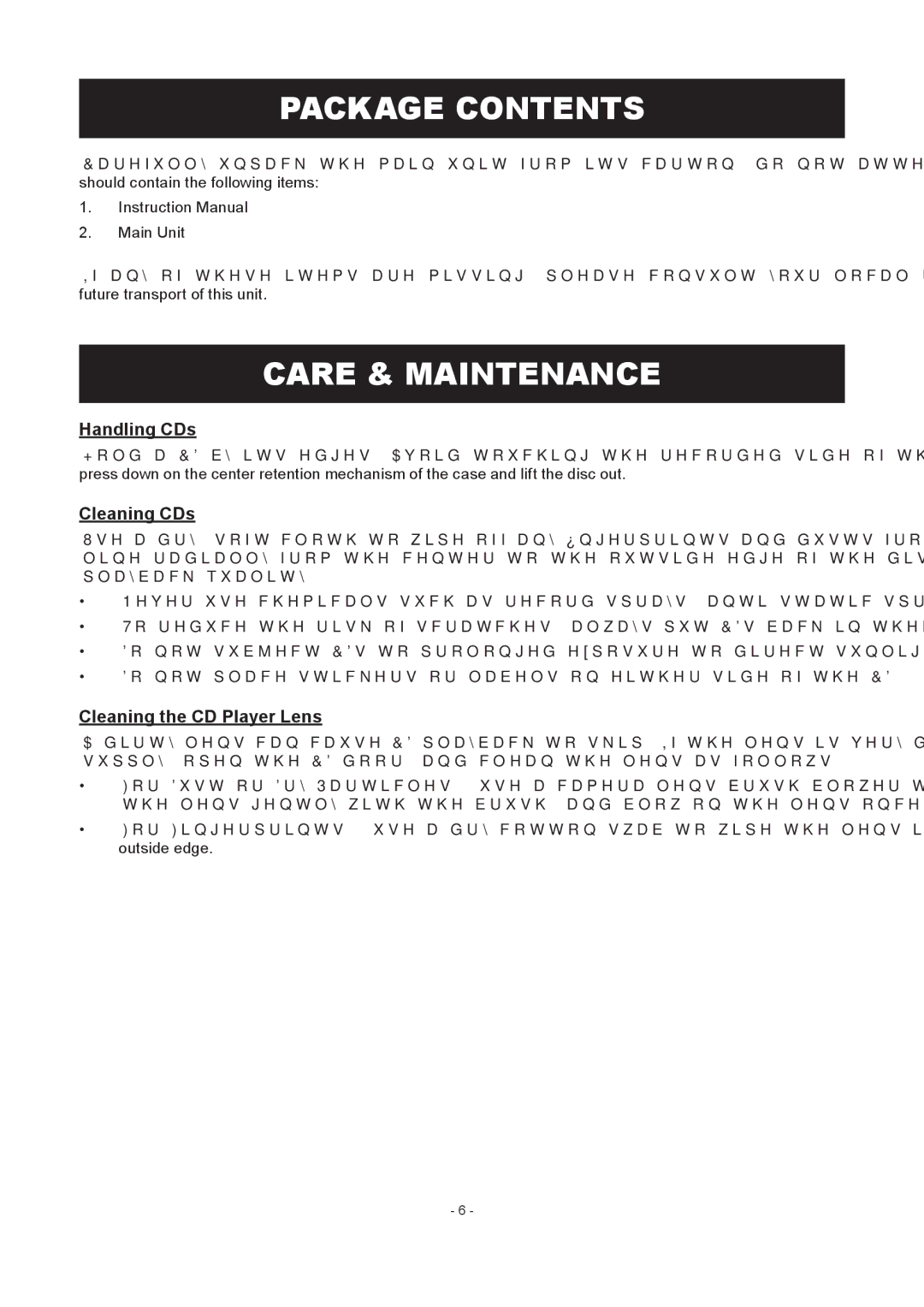 COBY electronic CX-CD236 instruction manual Package Contents, Care & Maintenance 