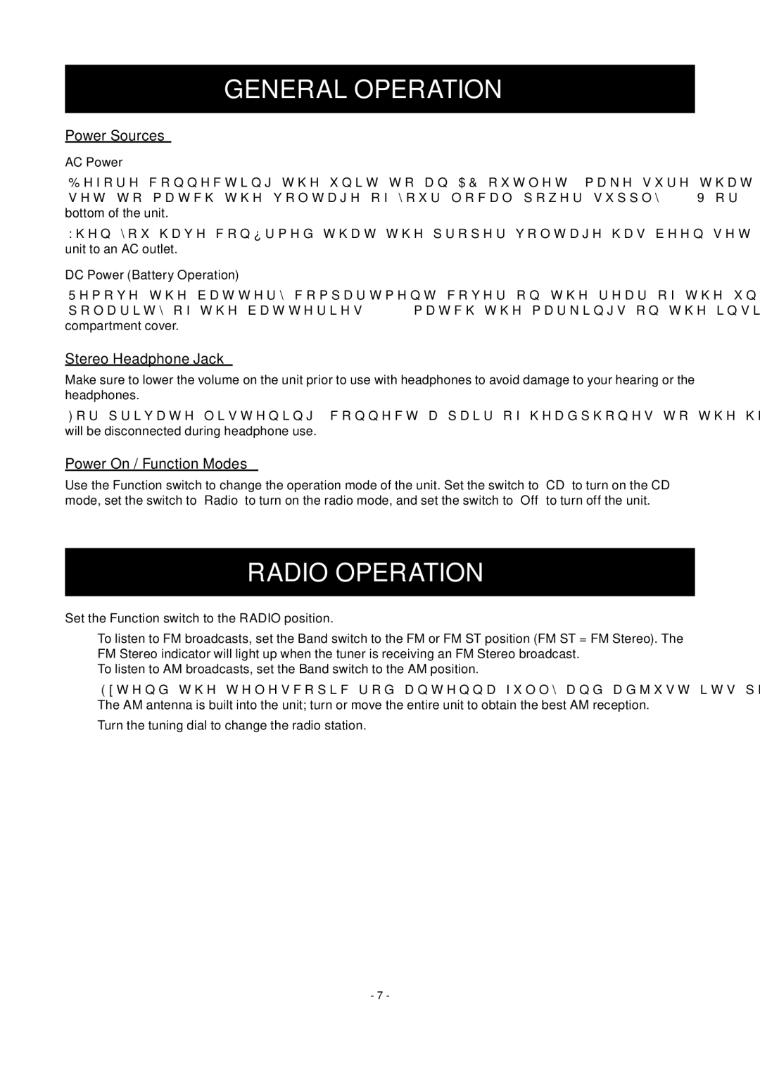 COBY electronic CX-CD236 instruction manual General Operation, Radio Operation, Power Sources, Stereo Headphone Jack 