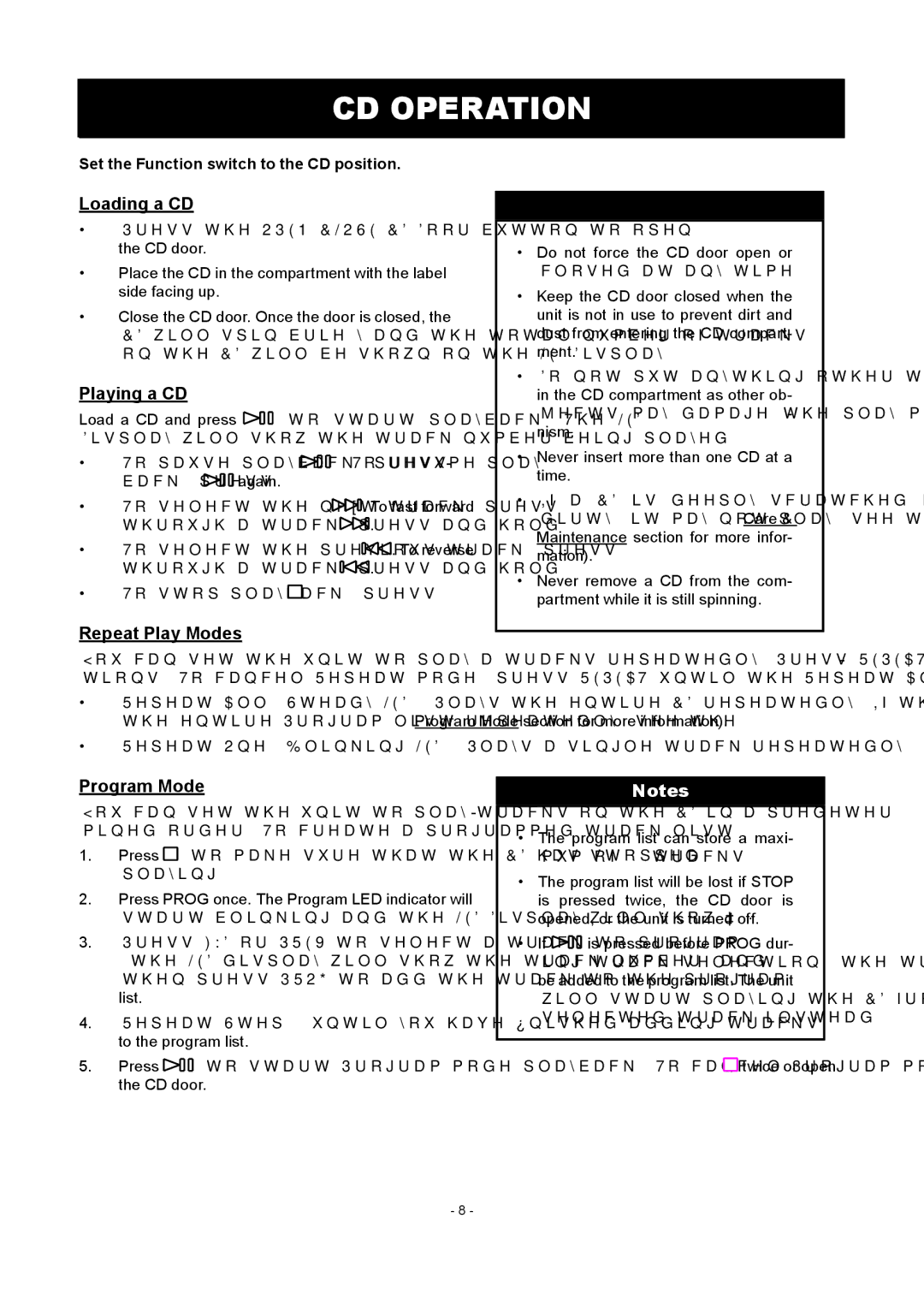 COBY electronic CX-CD236 instruction manual CD Operation, Loading a CD, Playing a CD, Repeat Play Modes, Program Mode 