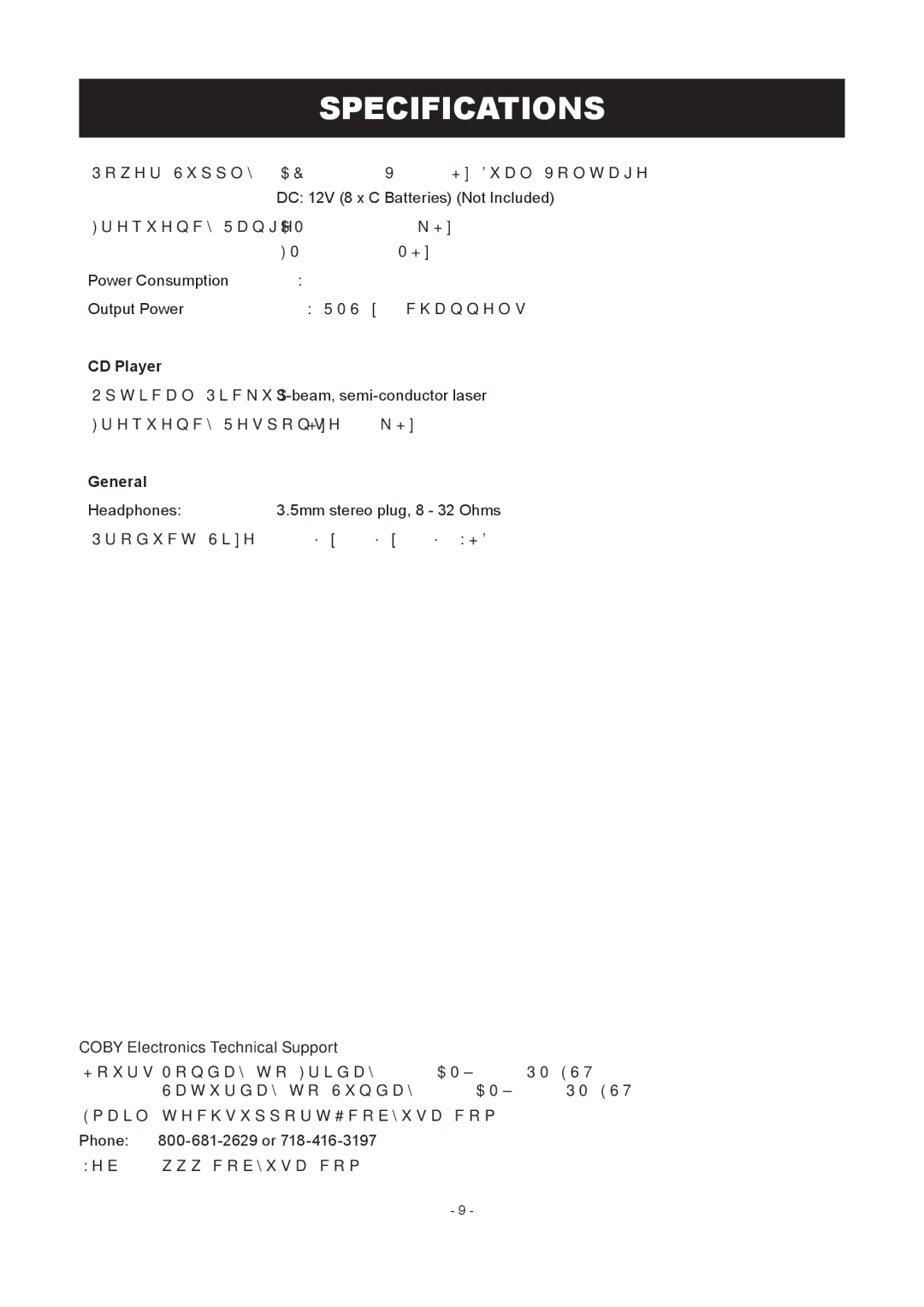 COBY electronic CX-CD236 instruction manual Specifications, CD Player, General, Coby Electronics Technical Support 