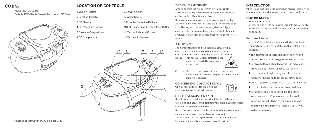 COBY electronic CX-CD248 instruction manual Concerning Compact Discs, Care and Maintenance 