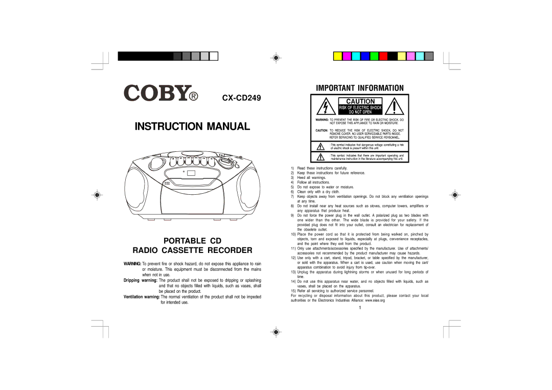 COBY electronic CX-CD249 instruction manual Portable CD Radio Cassette Recorder 