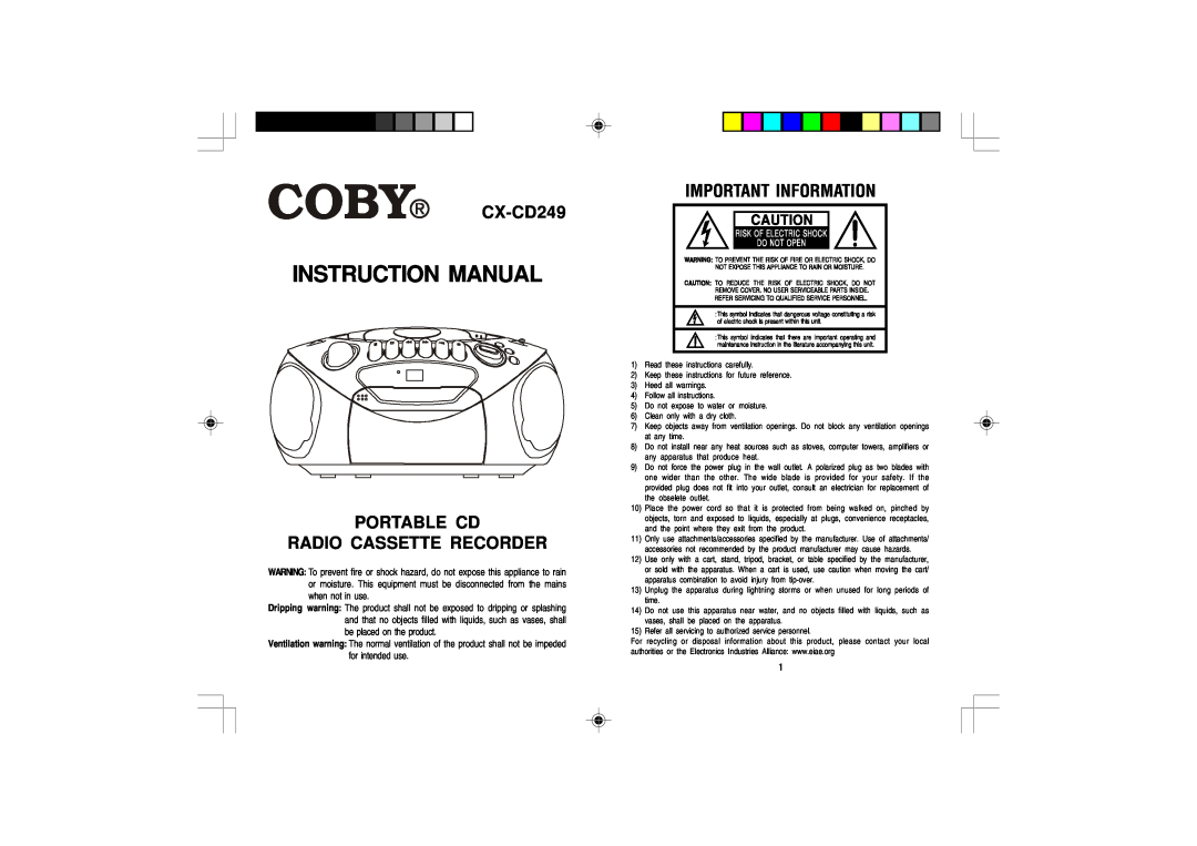 COBY electronic CX-CD249 instruction manual Instruction Manual, Portable Cd Radio Cassette Recorder, Important Information 