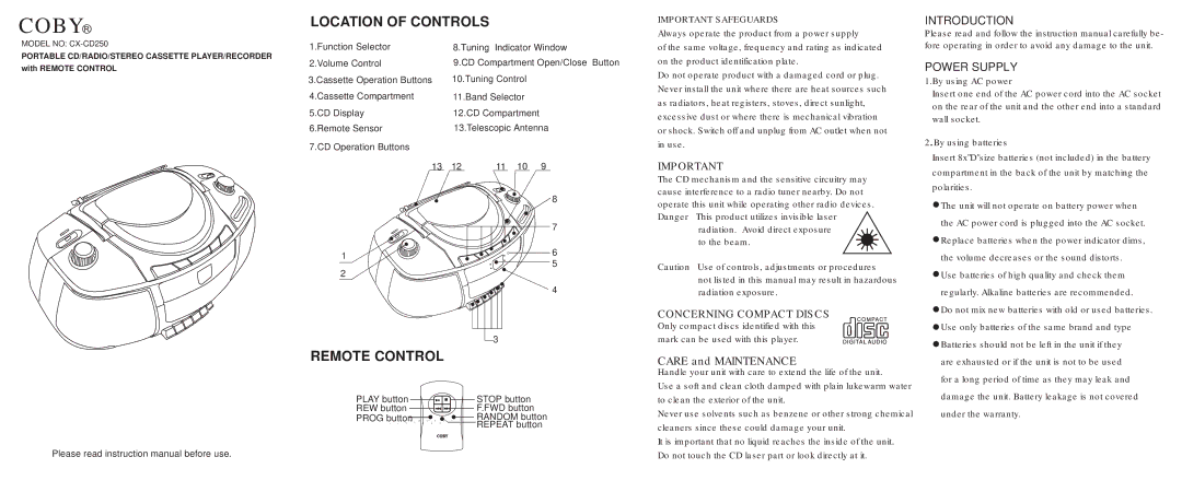 COBY electronic CX-CD250 instruction manual Location of Controls, Remote Control, Care and Maintenance 