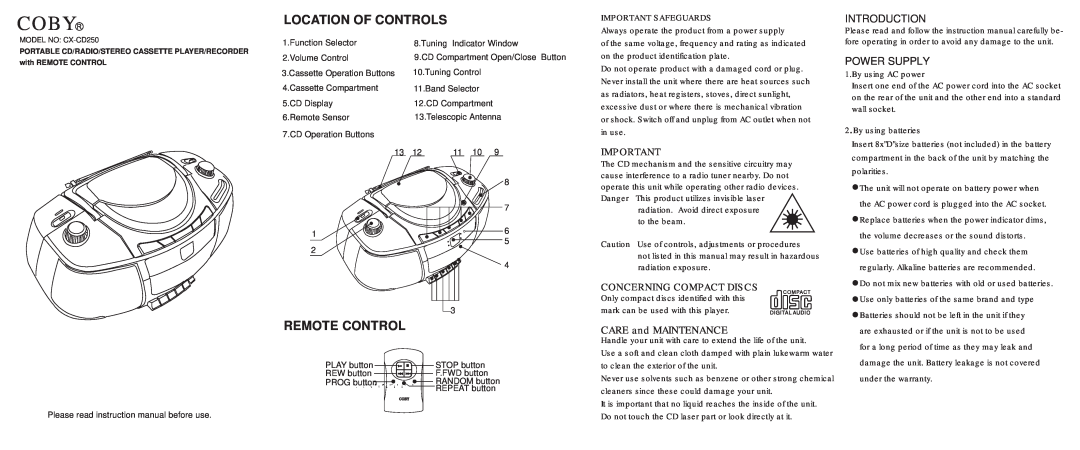 COBY electronic CX-CD250 instruction manual Coby, Location Of Controls, Remote Control, Concerning Compact Discs 
