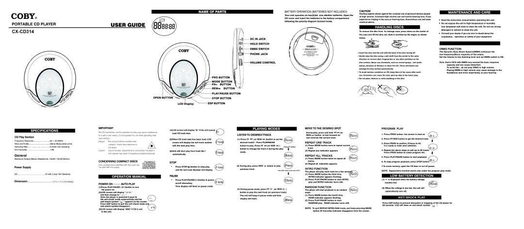 COBY electronic CX-CD314 instruction manual DC in Jack Hold Switch, PRG Button, Mode Button, ESP Button, Dbbs Function 