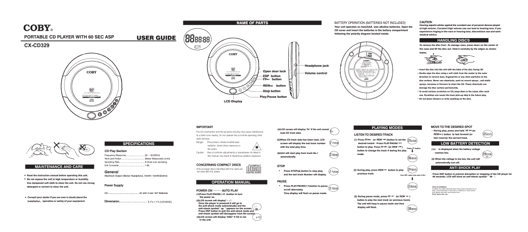 COBY electronic CX-CD329 manual Prop Warning 