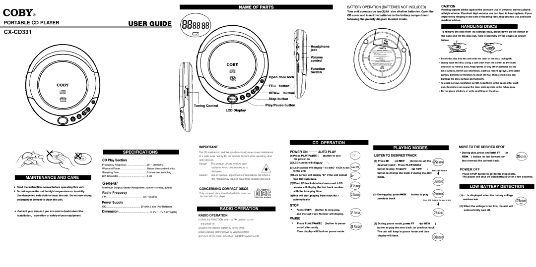 COBY electronic CX-CD331 instruction manual Radio Operation, CD Operation, Rew, Power OFF 