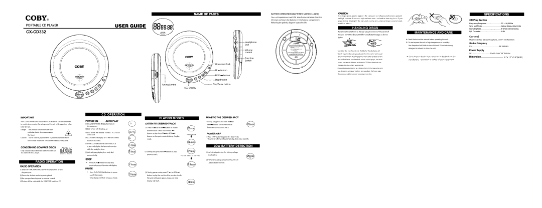 COBY electronic CX-CD332 fcoby instruction manual Radio Operation, CD Operation, Power OFF 