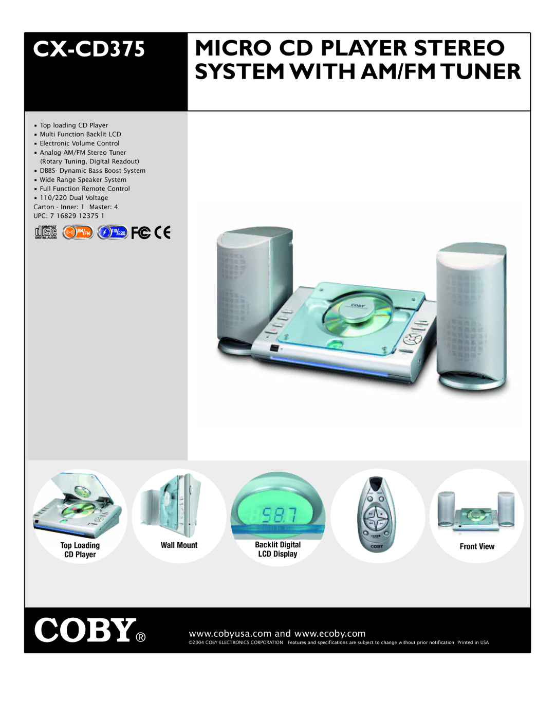 COBY electronic CX-CD375 specifications Micro CD Player Stereo, System with AM/FM Tuner 