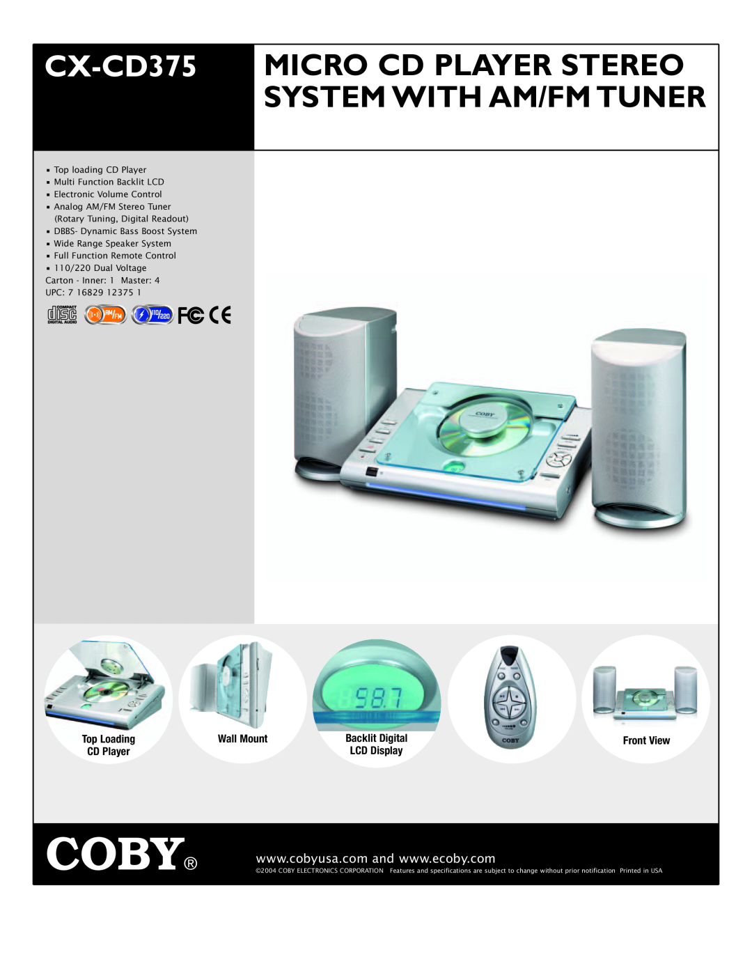 COBY electronic CX-CD375 specifications Coby, Micro Cd Player Stereo, System With Am/Fm Tuner, Top Loading, Wall Mount 