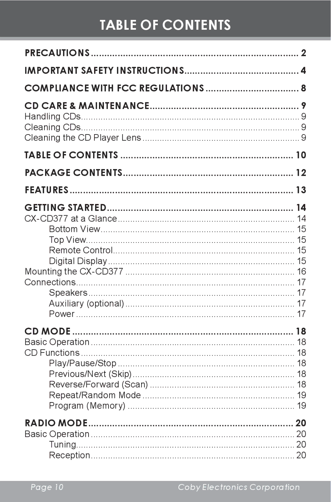 COBY electronic CX-CD377 instruction manual Table of Contents 