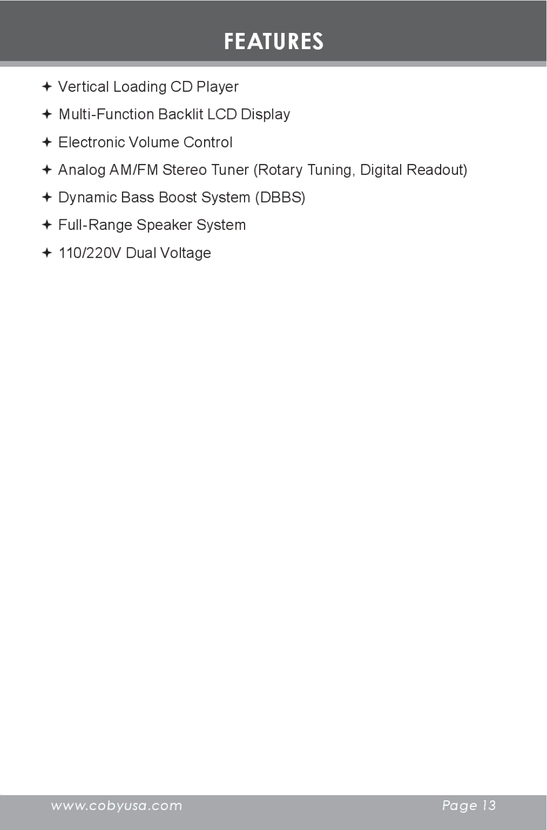 COBY electronic CX-CD377 instruction manual Features 