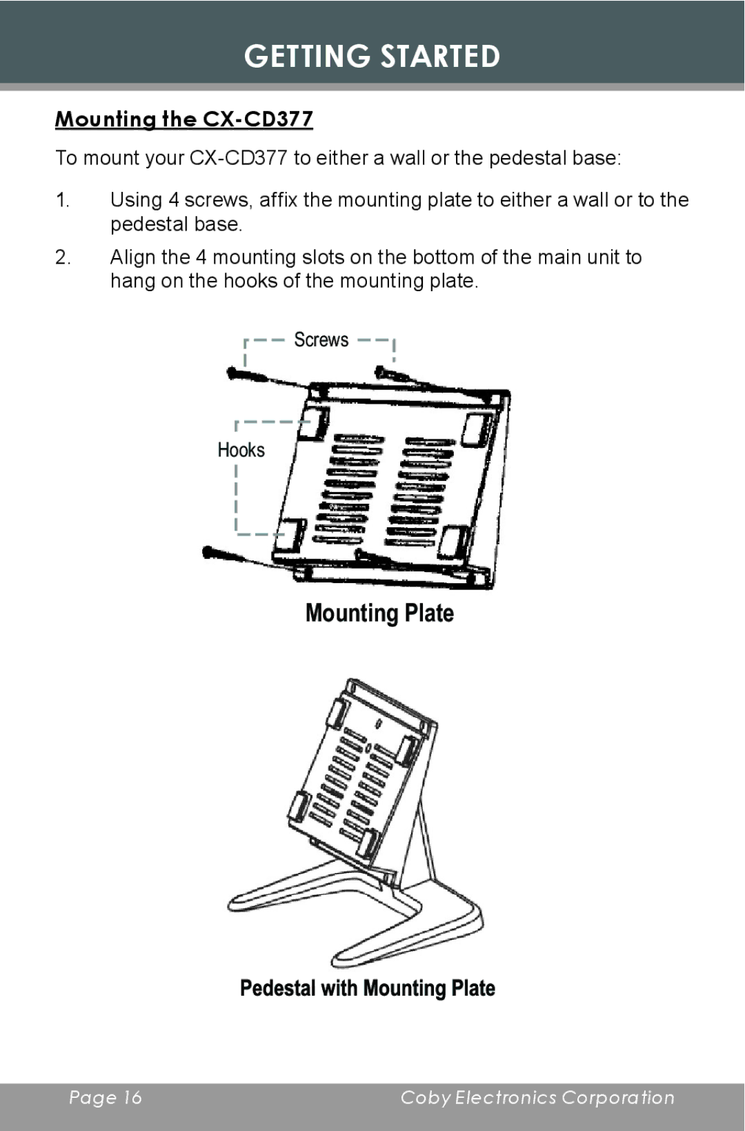 COBY electronic instruction manual Mounting the CX-CD377 