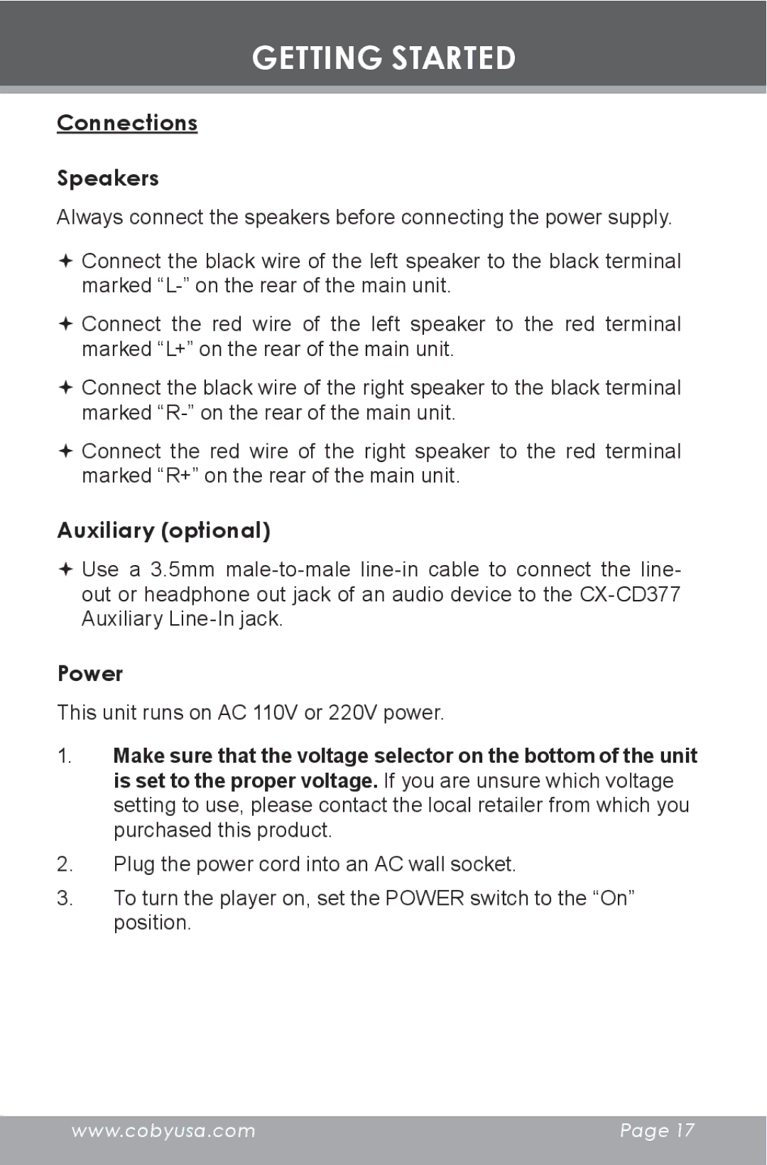 COBY electronic CX-CD377 instruction manual Connections Speakers, Auxiliary optional, Power 