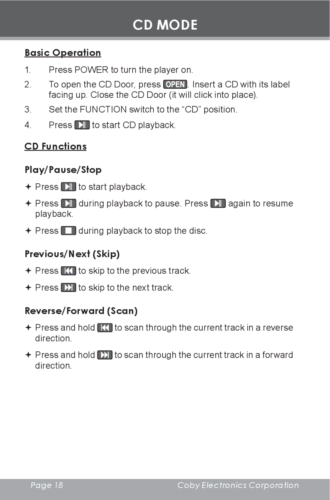 COBY electronic CX-CD377 CD Mode, Basic Operation, CD Functions Play/Pause/Stop, Previous/Next Skip, Reverse/Forward Scan 