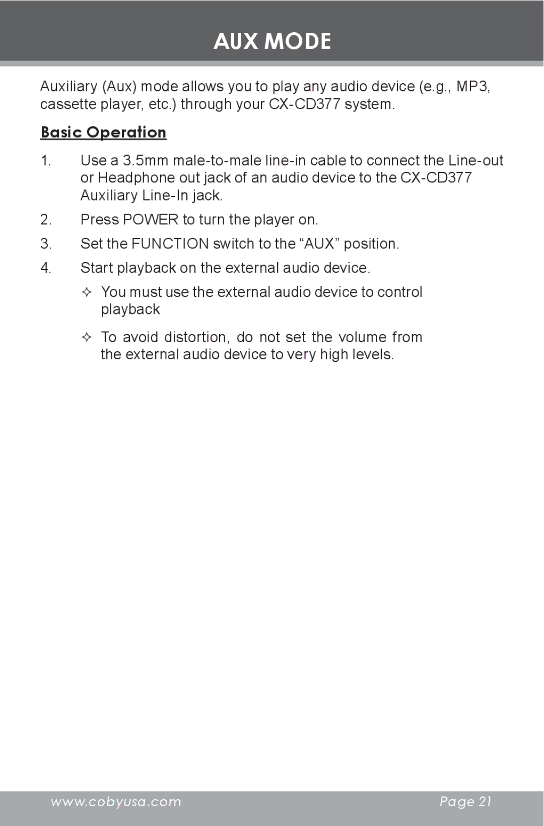 COBY electronic CX-CD377 instruction manual AUX Mode 