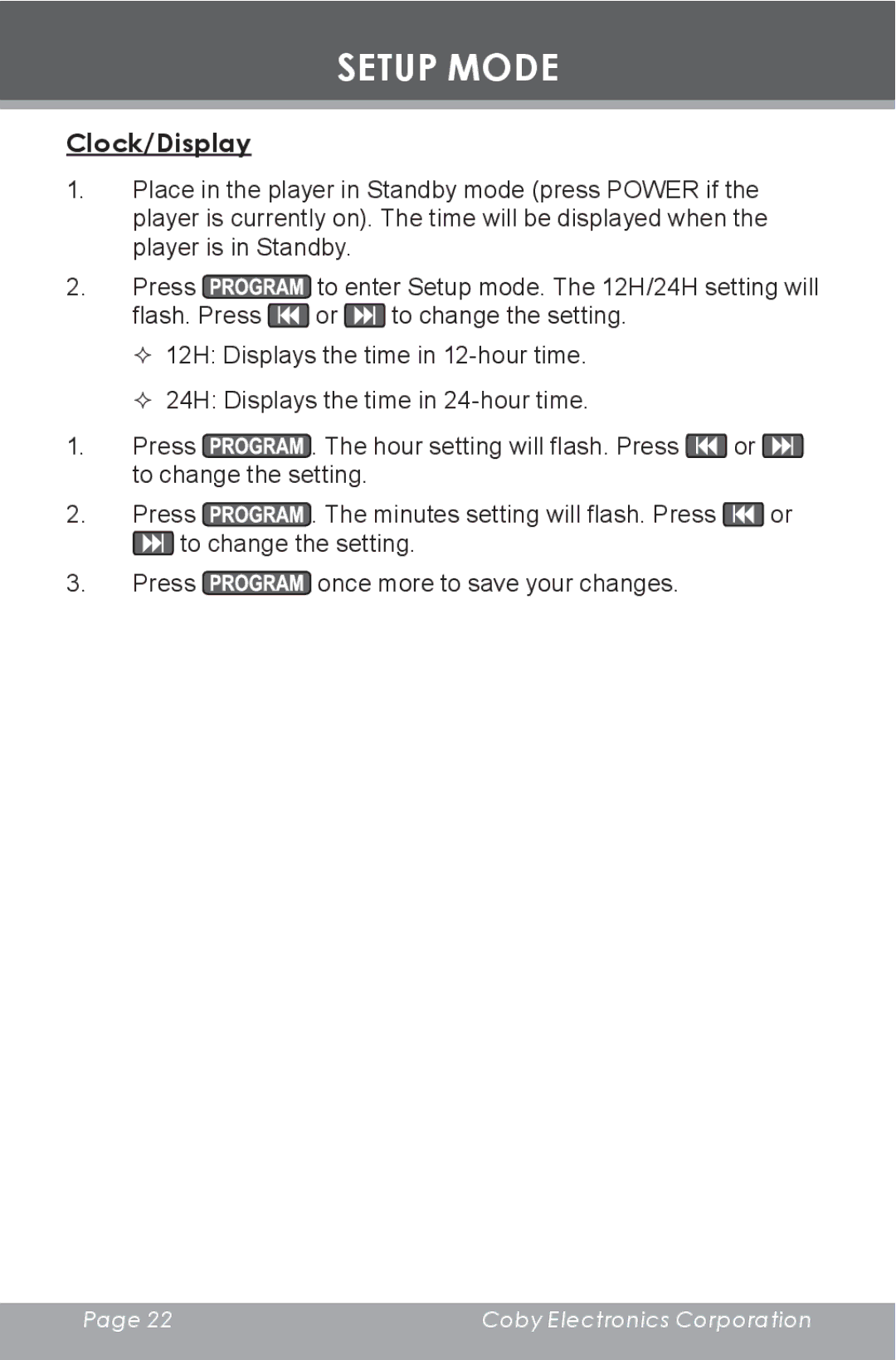 COBY electronic CX-CD377 instruction manual Setup Mode, Clock/Display 