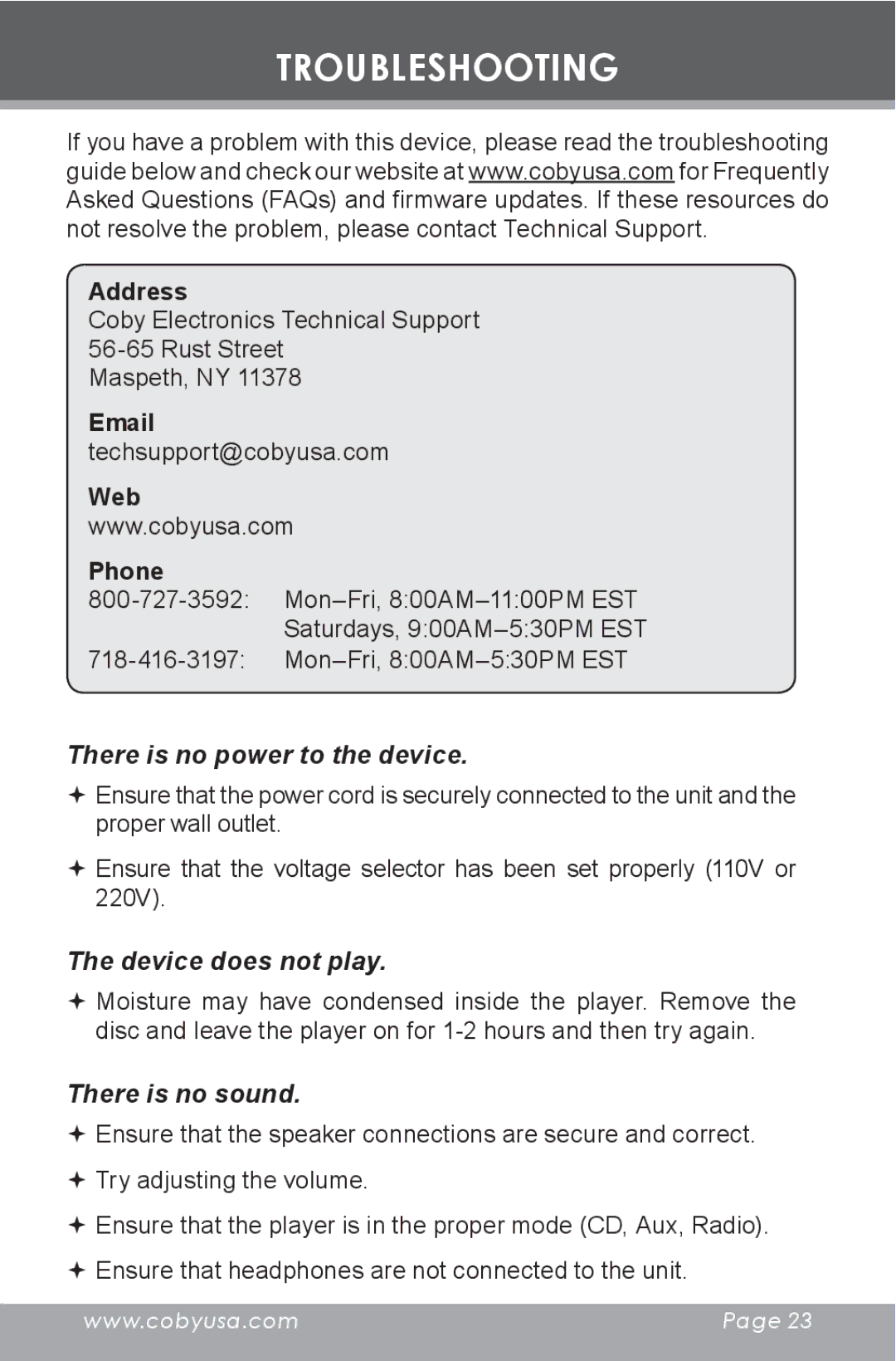 COBY electronic CX-CD377 instruction manual Troubleshooting, There is no power to the device 