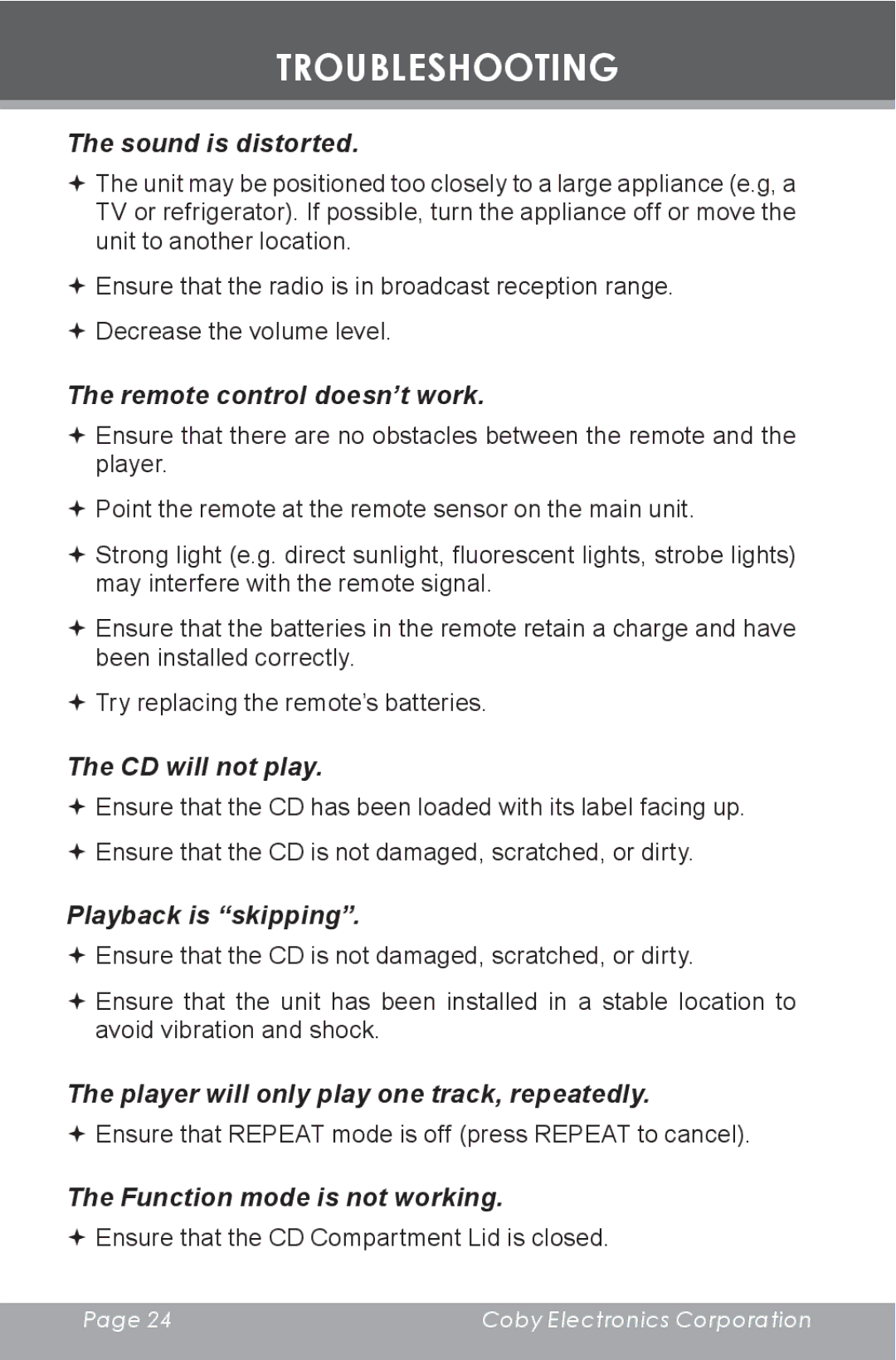 COBY electronic CX-CD377 instruction manual Player will only play one track, repeatedly 