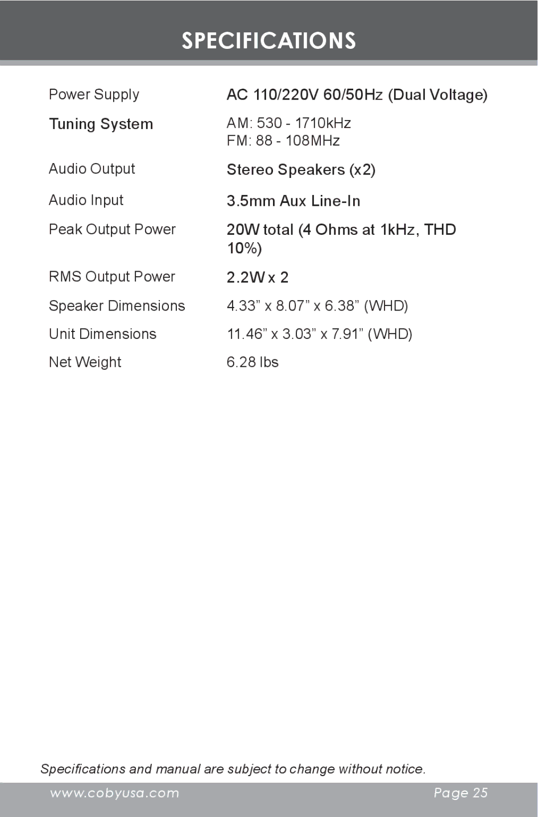 COBY electronic CX-CD377 instruction manual Specifications 