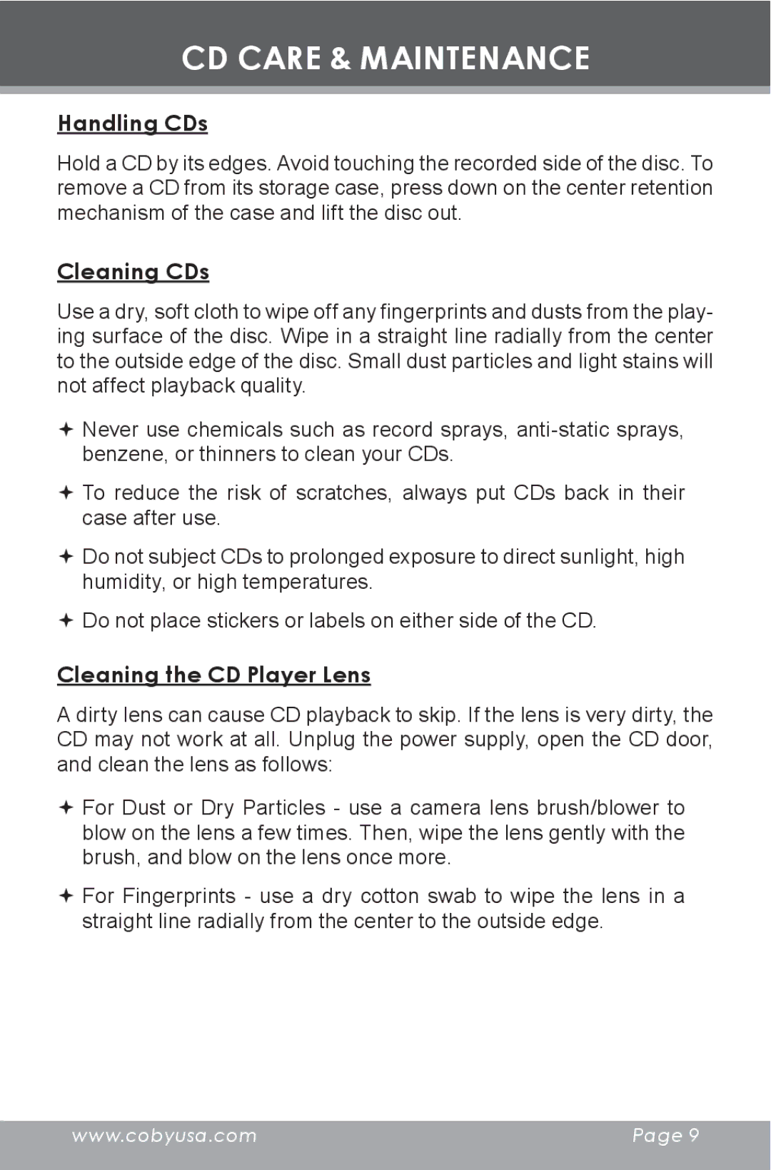 COBY electronic CX-CD377 instruction manual CD Care & Maintenance, Handling CDs, Cleaning CDs, Cleaning the CD Player Lens 