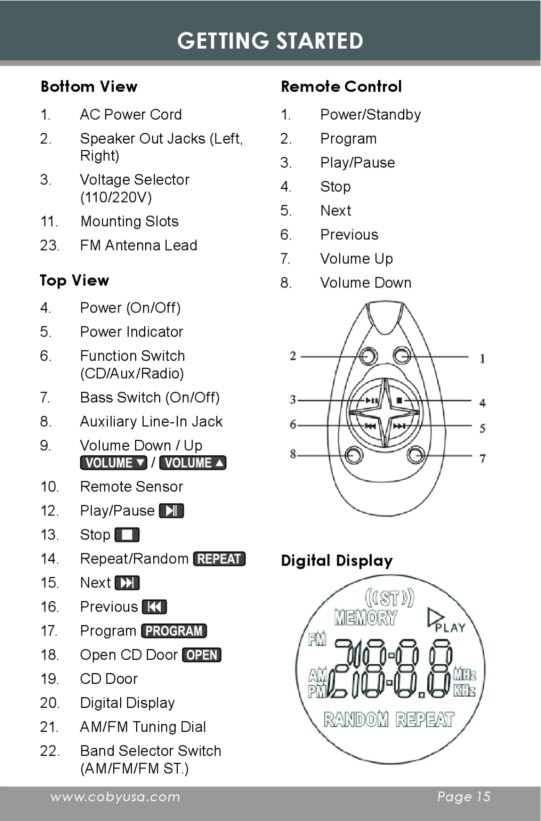 COBY electronic CX-CD377 instruction manual Bottom View, Top View, Remote Control, Digital Display, Getting Started 