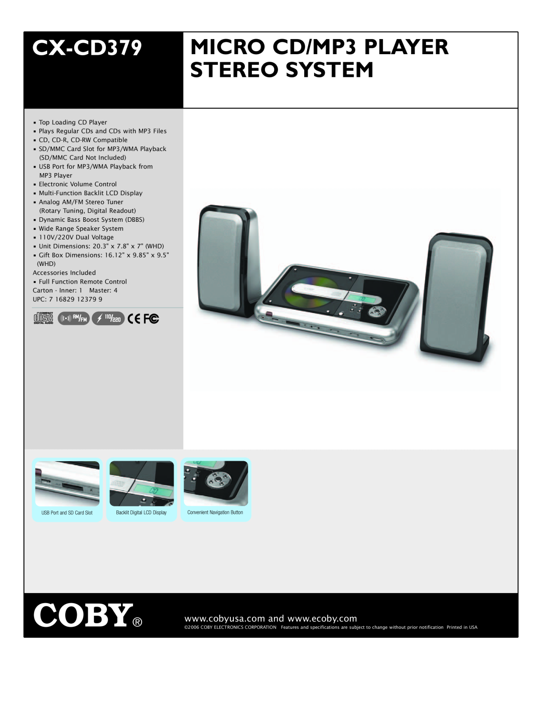 COBY electronic CX-CD379 specifications Coby, MICRO CD/MP3 PLAYER, Stereo System 
