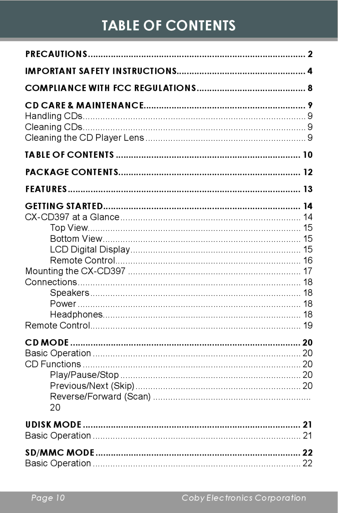 COBY electronic CX-CD397 instruction manual Table of Contents 