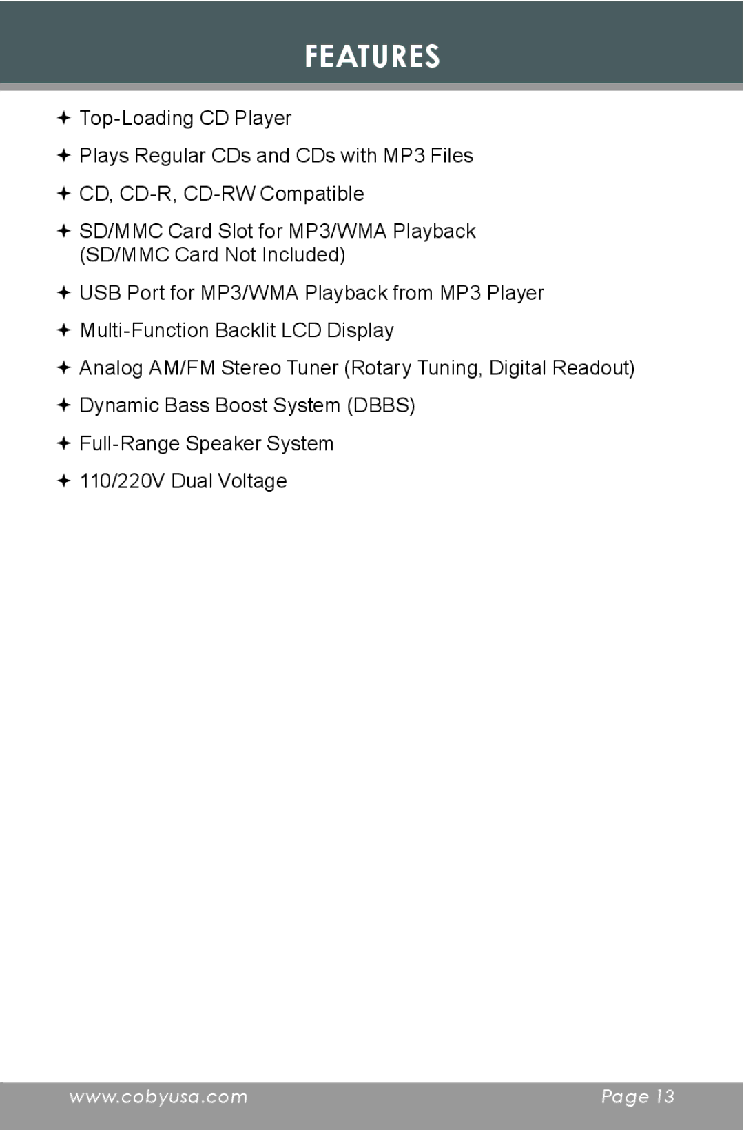 COBY electronic CX-CD397 instruction manual Features 