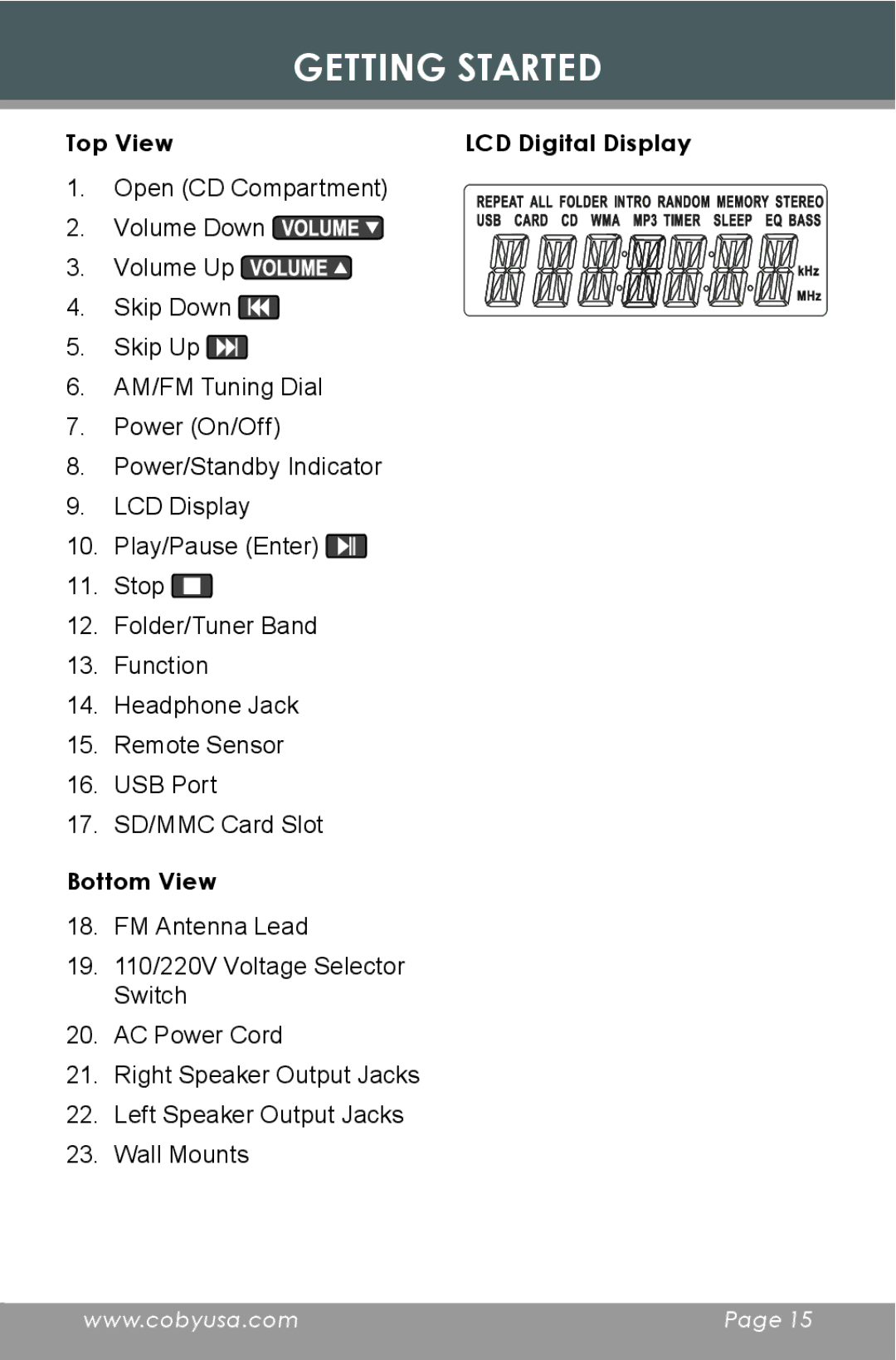 COBY electronic CX-CD397 instruction manual Top View LCD Digital Display, Bottom View 