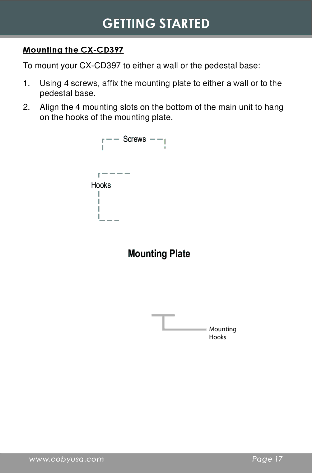 COBY electronic instruction manual Mounting the CX-CD397 