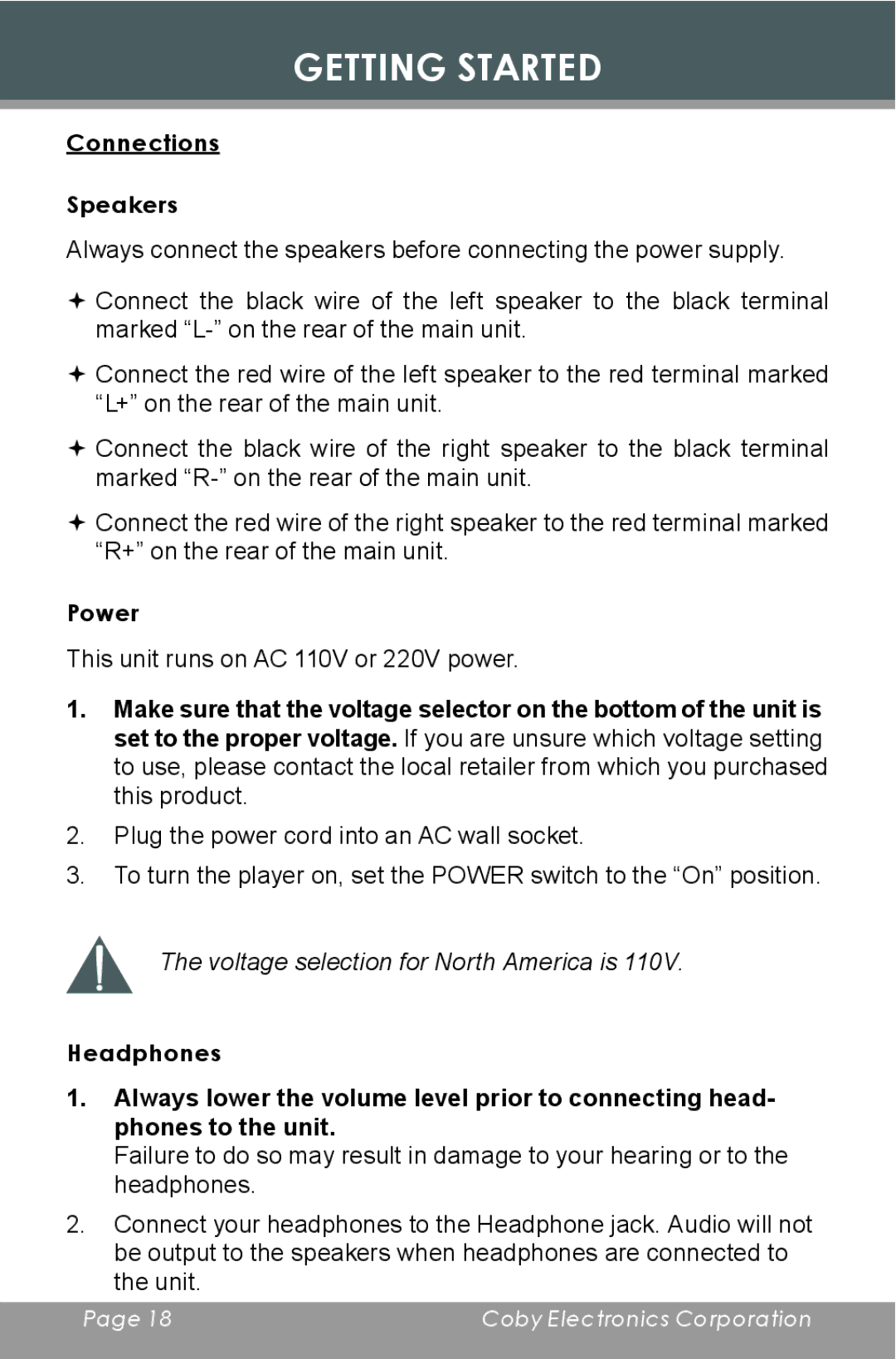 COBY electronic CX-CD397 instruction manual Connections Speakers, Power, Headphones 