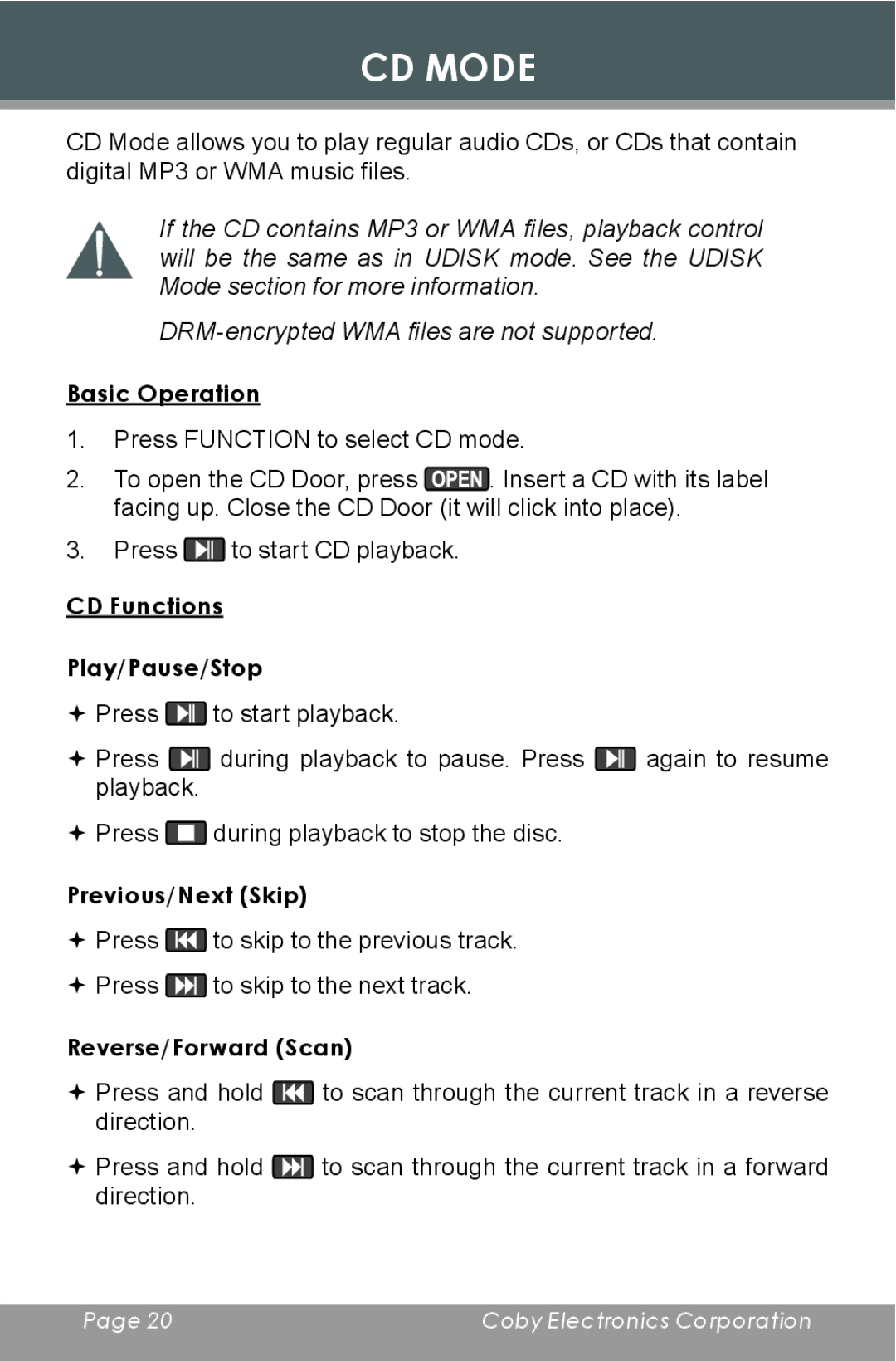 COBY electronic CX-CD397 CD Mode, Basic Operation, CD Functions Play/Pause/Stop, Previous/Next Skip, Reverse/Forward Scan 