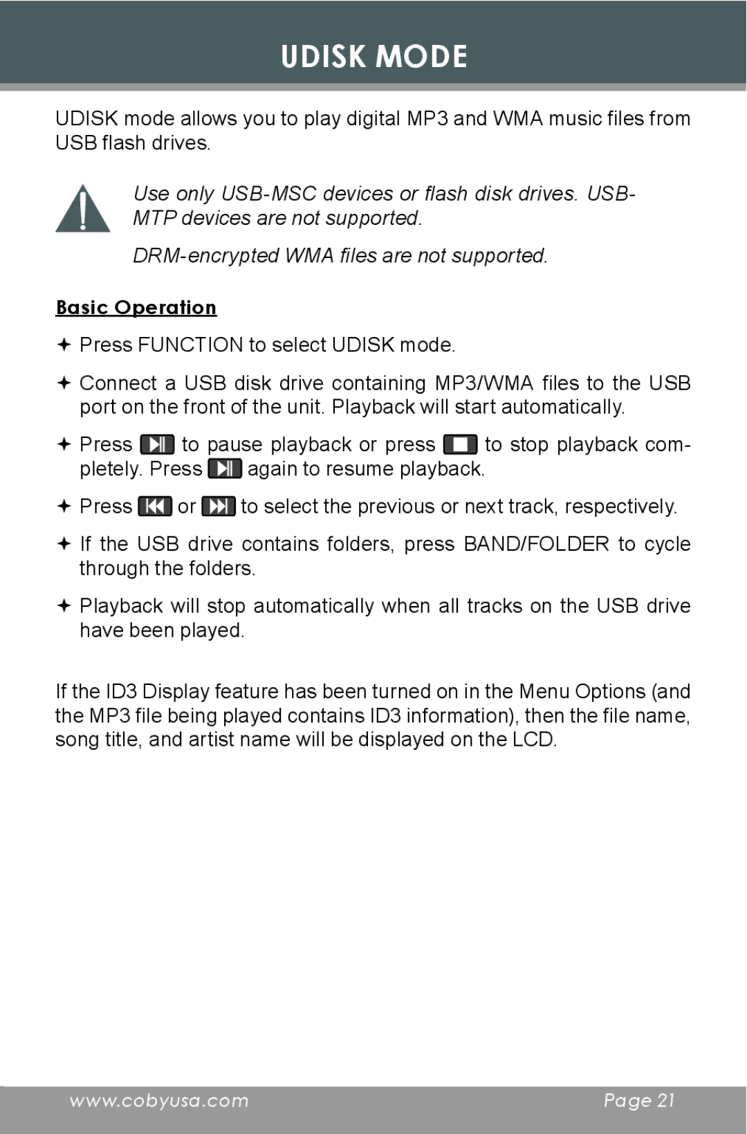 COBY electronic CX-CD397 instruction manual Udisk Mode,  Press Function to select Udisk mode 