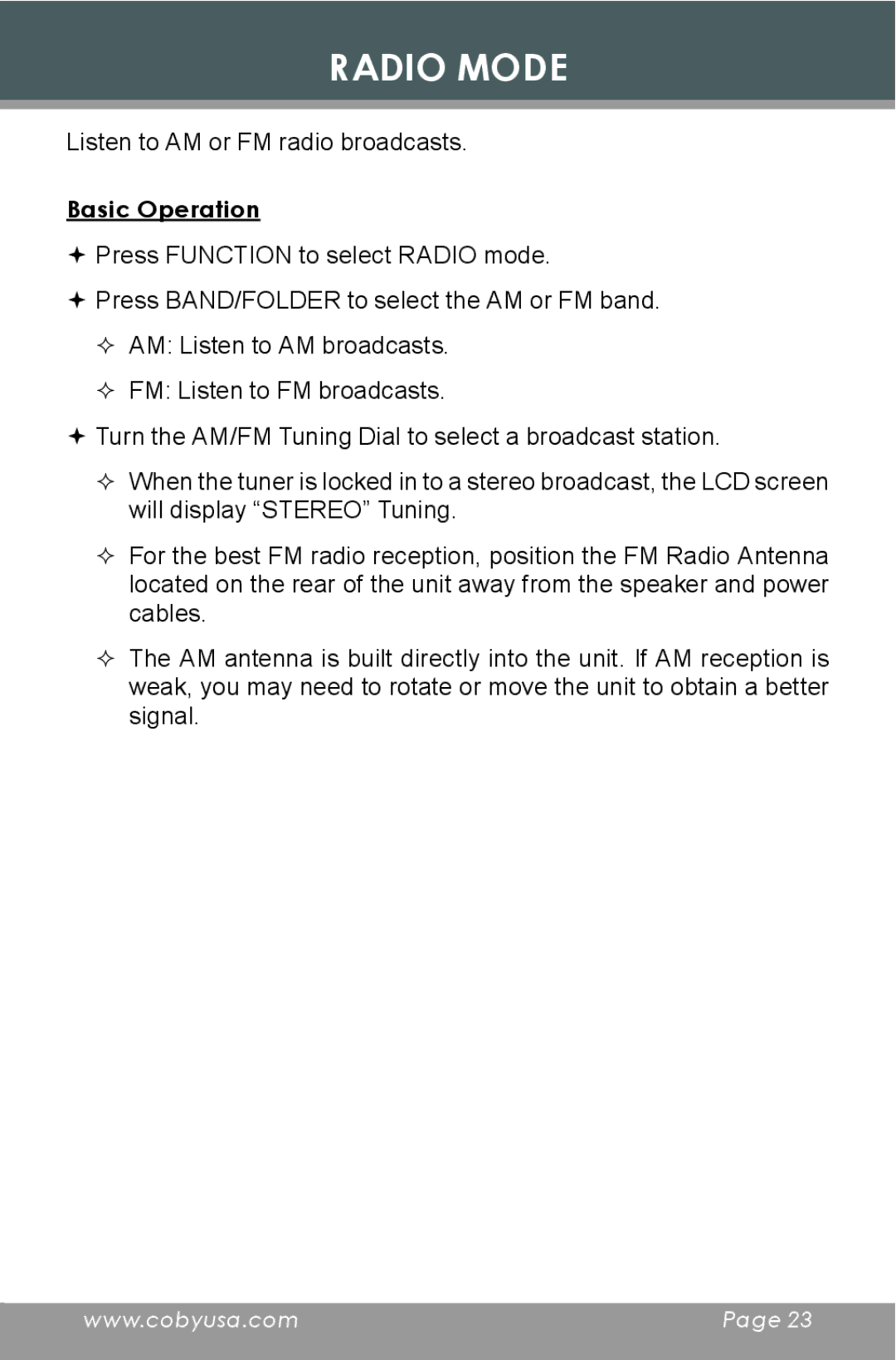 COBY electronic CX-CD397 instruction manual Radio Mode 