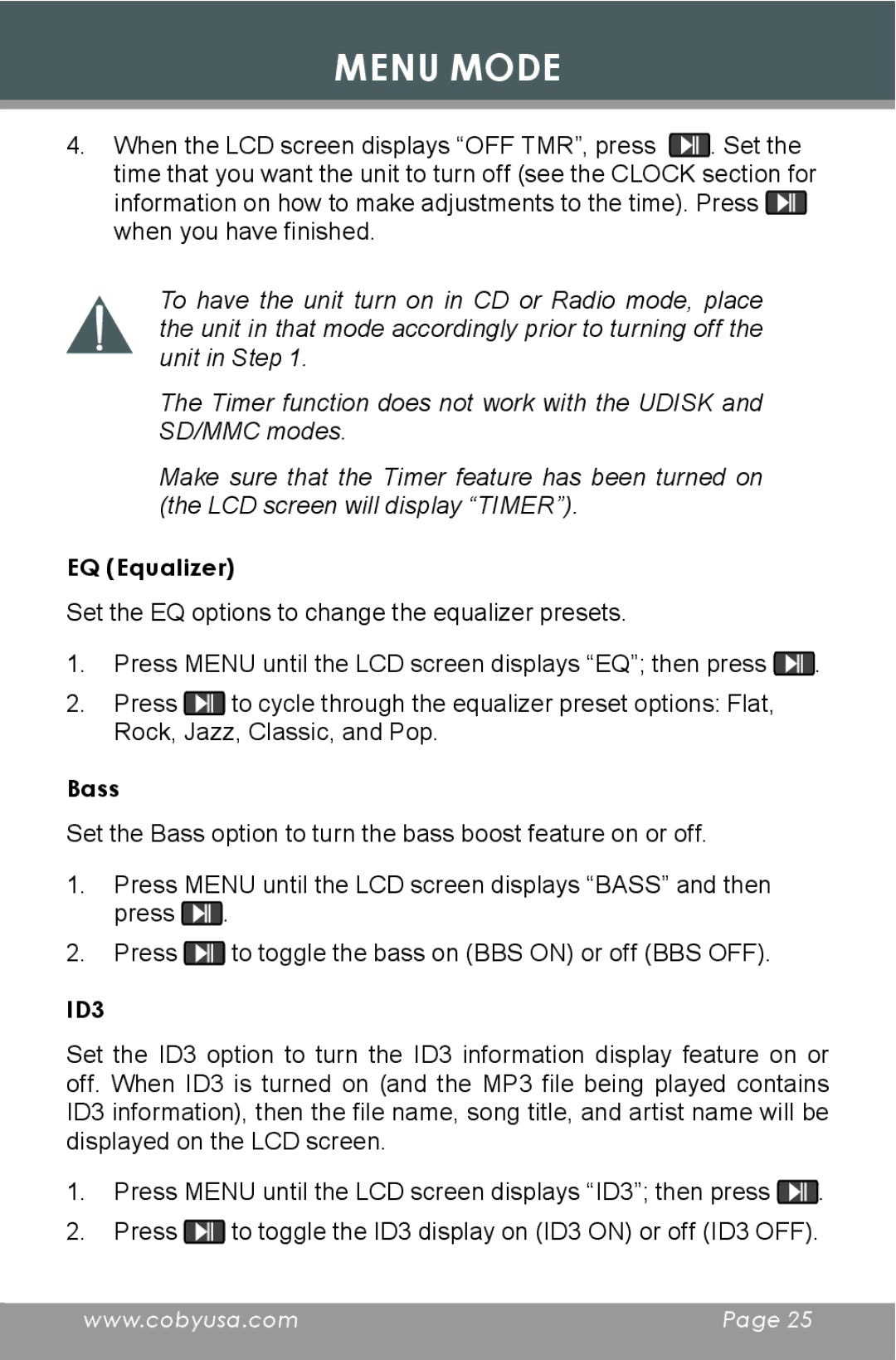 COBY electronic CX-CD397 instruction manual EQ Equalizer, Bass 