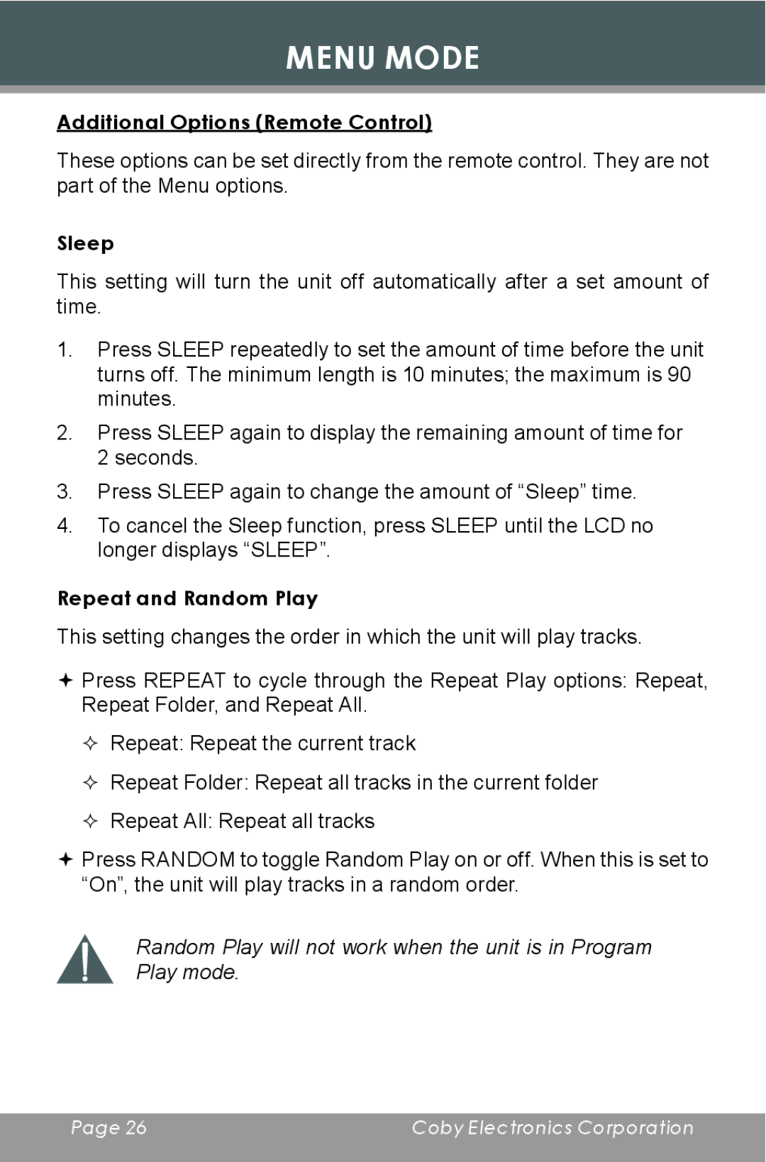 COBY electronic CX-CD397 instruction manual Additional Options Remote Control, Sleep, Repeat and Random Play 