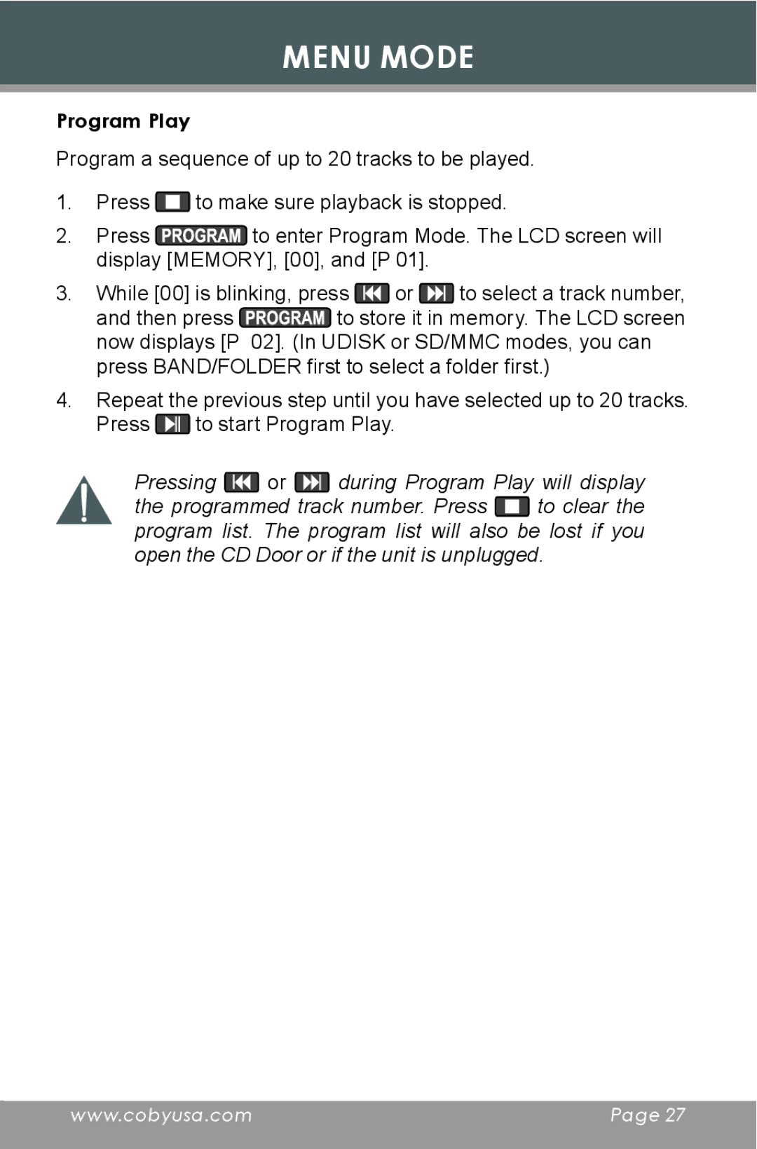 COBY electronic CX-CD397 instruction manual Program Play 