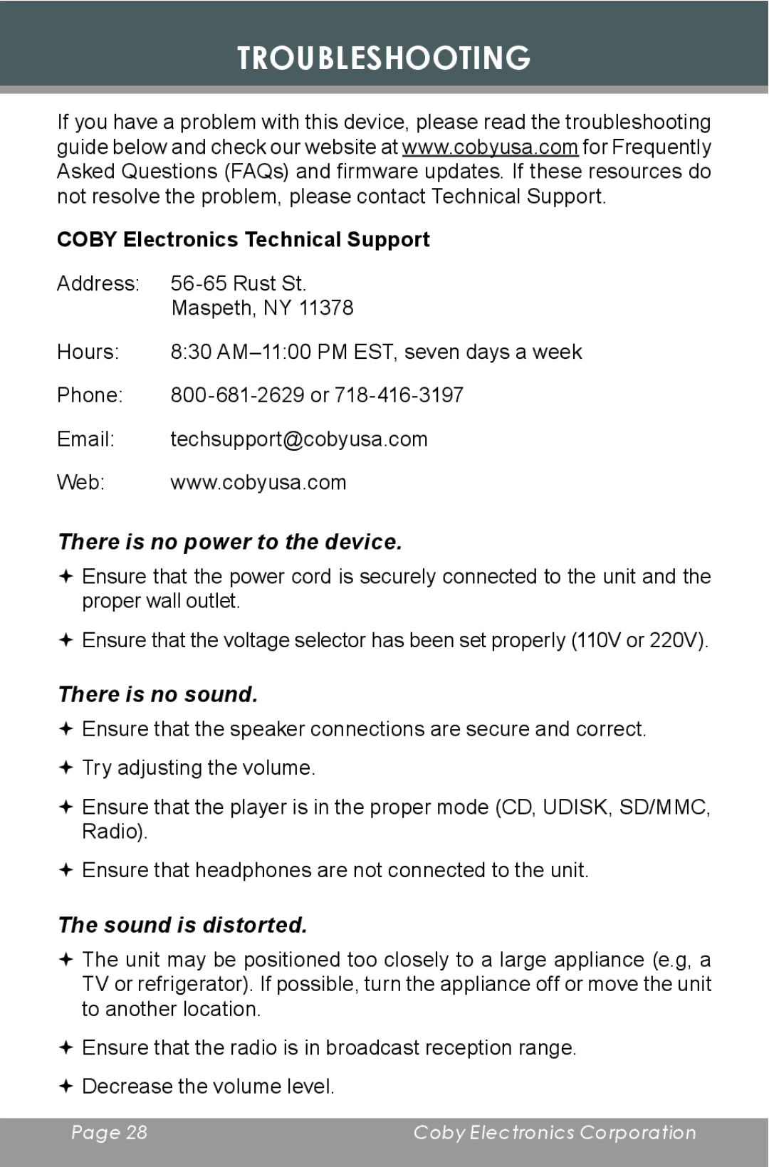 COBY electronic CX-CD397 instruction manual Troubleshooting, Coby Electronics Technical Support 