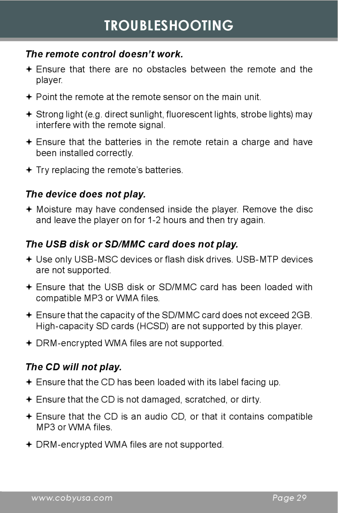 COBY electronic CX-CD397 instruction manual Remote control doesn’t work 