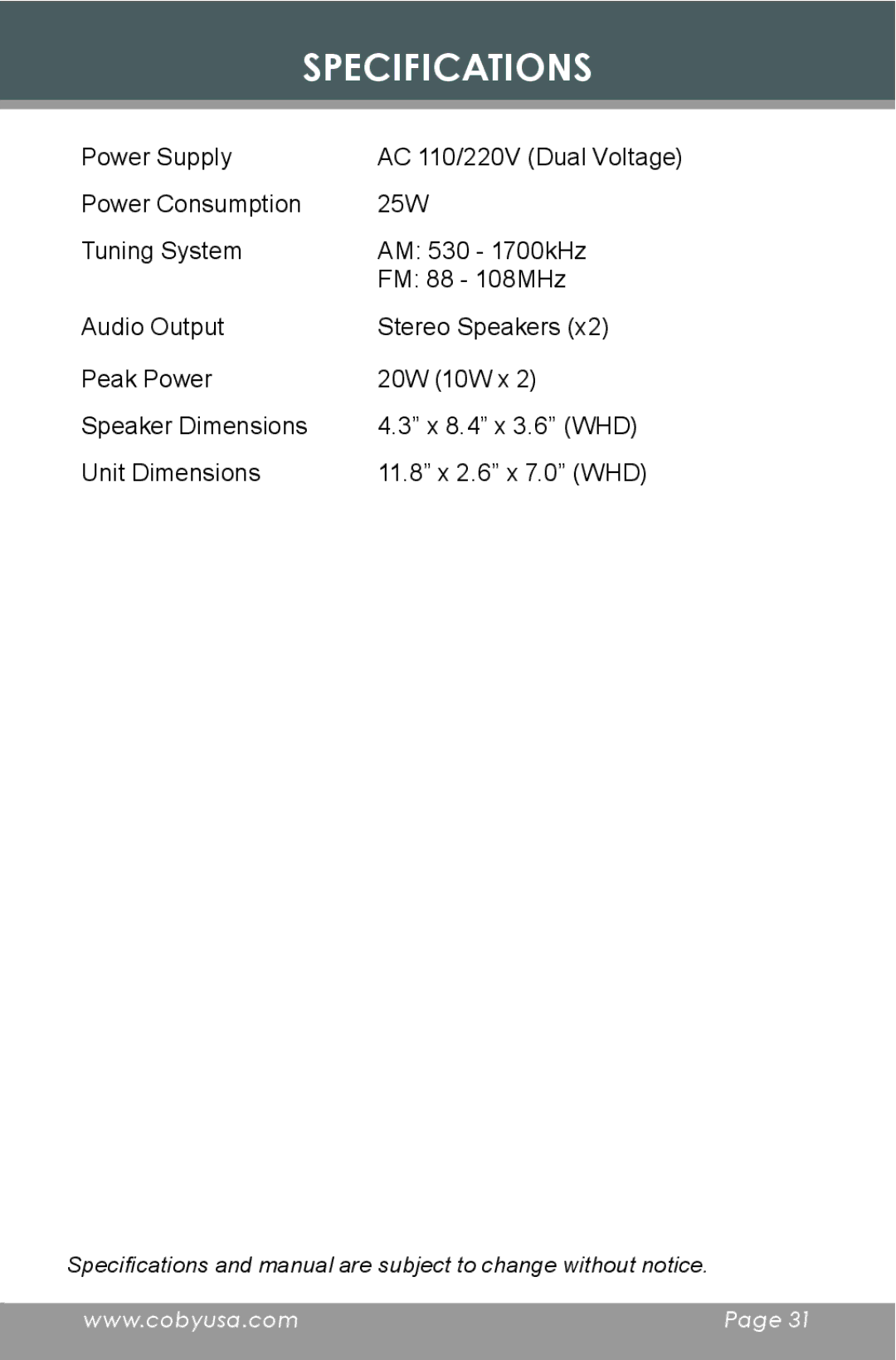 COBY electronic CX-CD397 instruction manual Specifications 