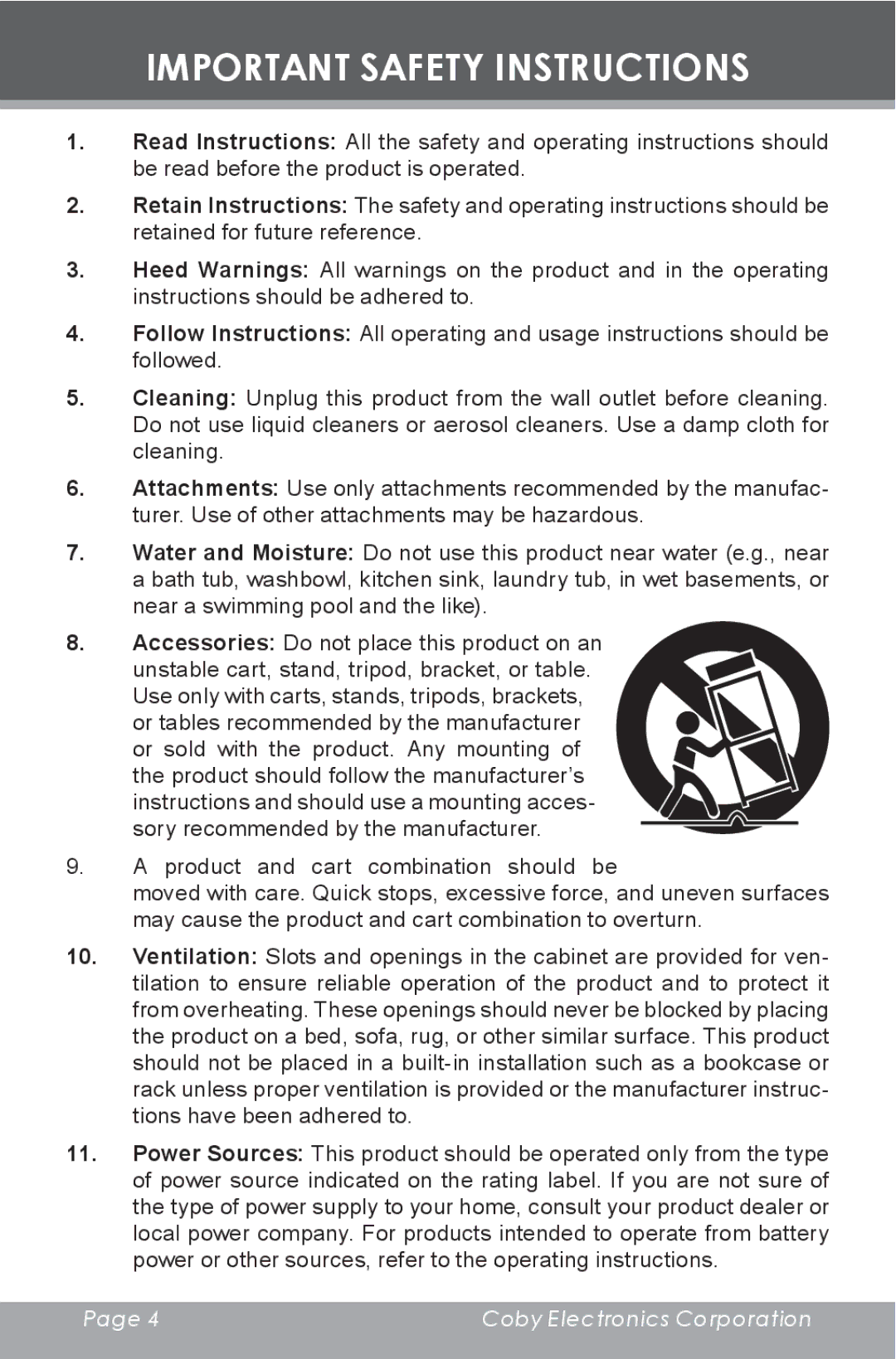 COBY electronic CX-CD397 instruction manual Important Safety Instructions 