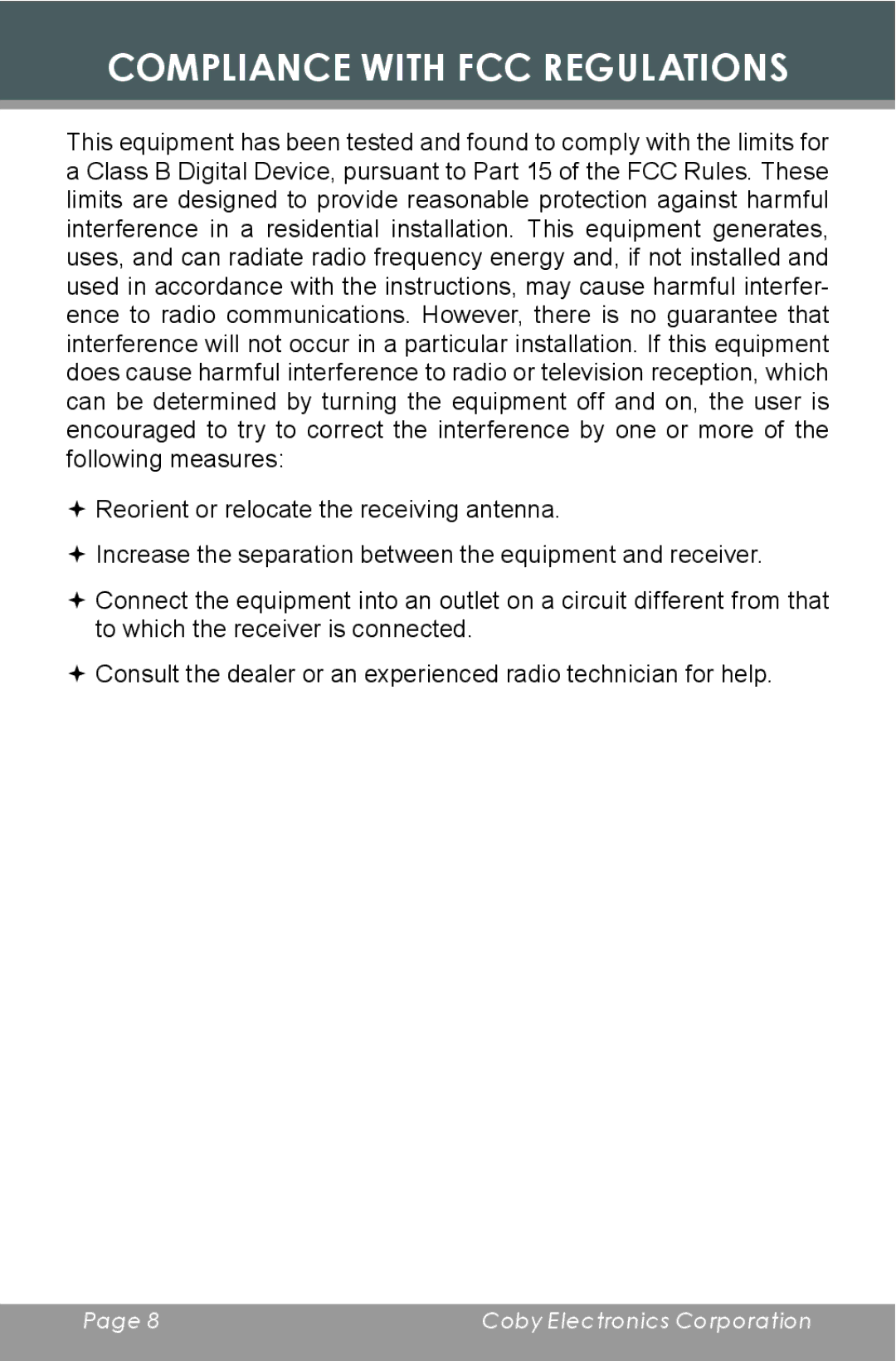 COBY electronic CX-CD397 instruction manual Compliance with FCC Regulations 