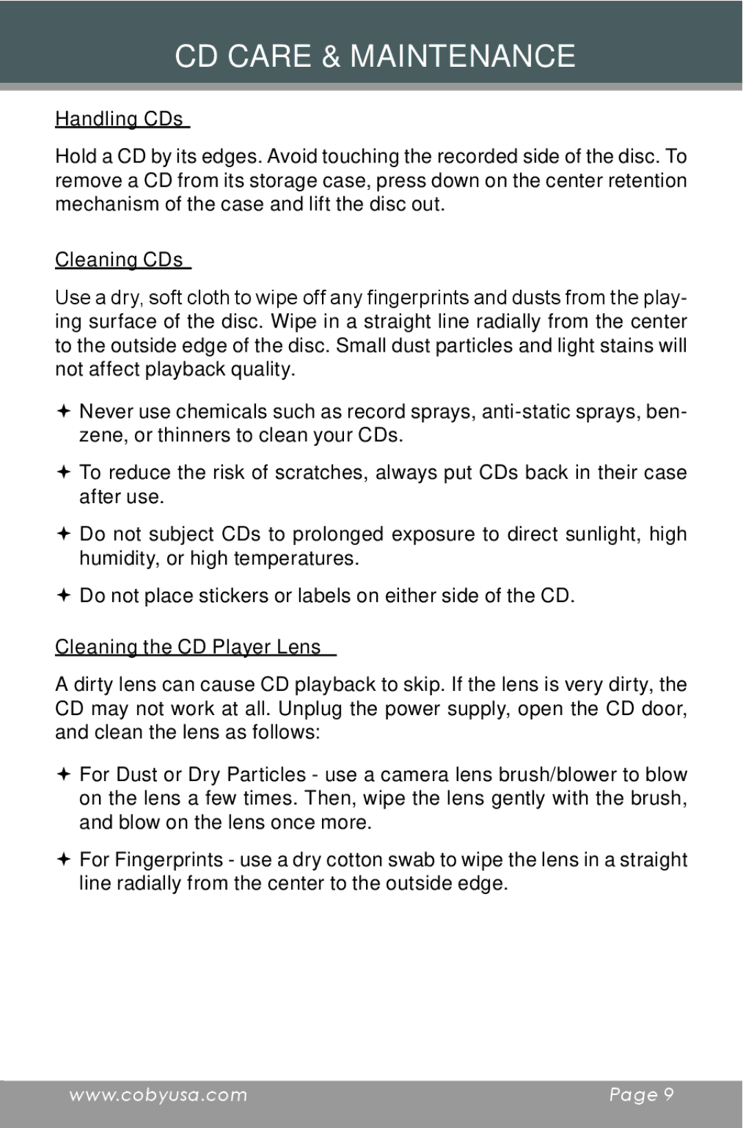 COBY electronic CX-CD397 instruction manual CD Care & Maintenance, Handling CDs, Cleaning CDs, Cleaning the CD Player Lens 