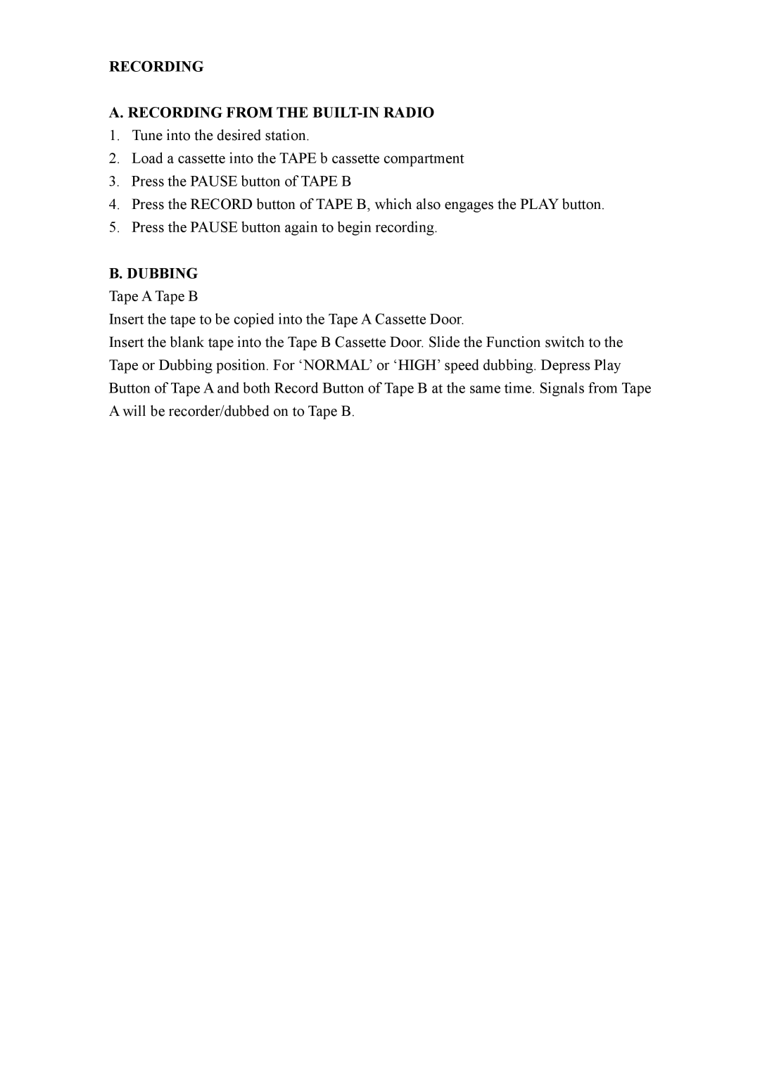 COBY electronic CX-CD400 operation manual Recording Recording from the BUILT-IN Radio, Dubbing 