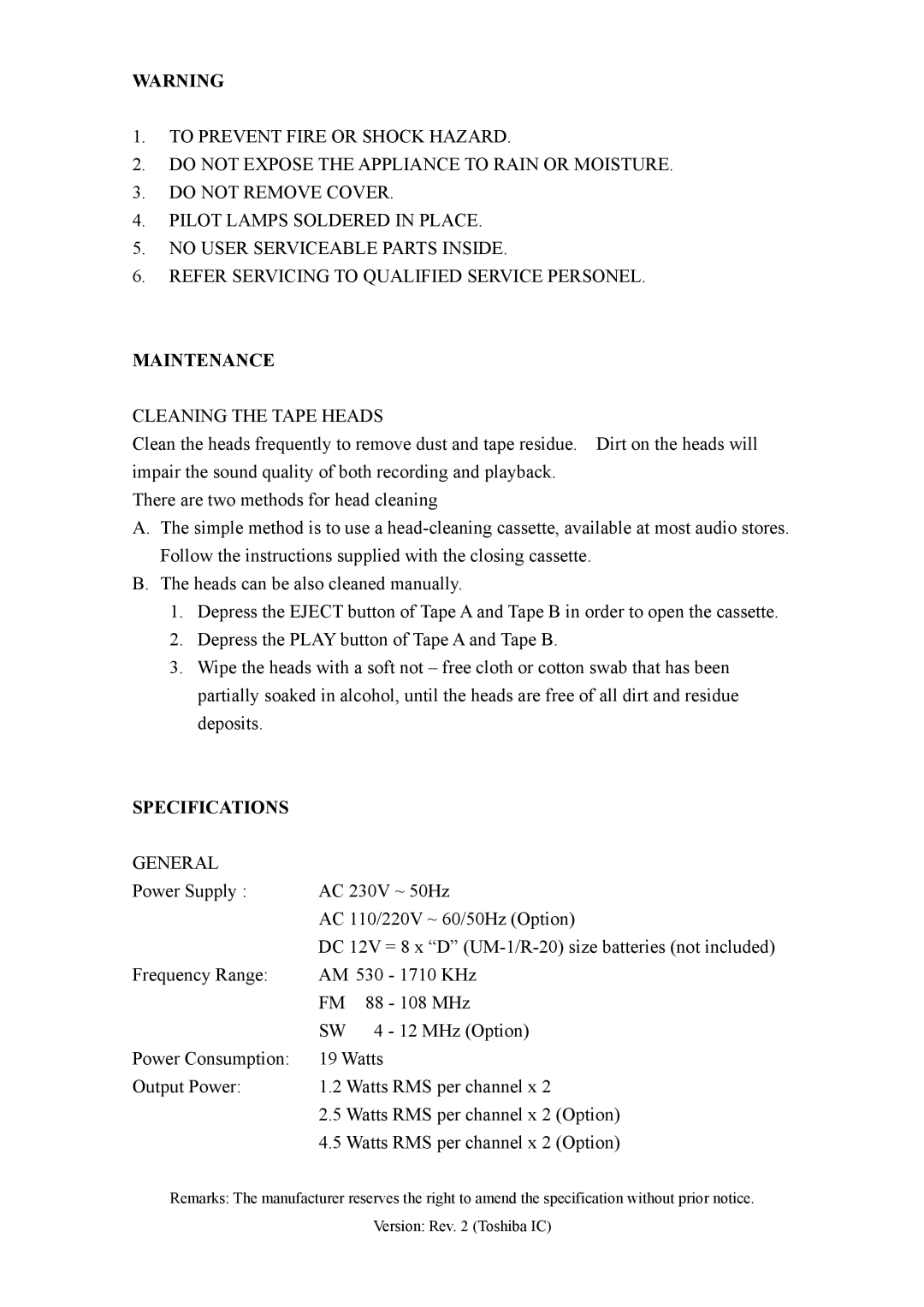 COBY electronic CX-CD400 operation manual Maintenance, Cleaning the Tape Heads, Specifications, General 