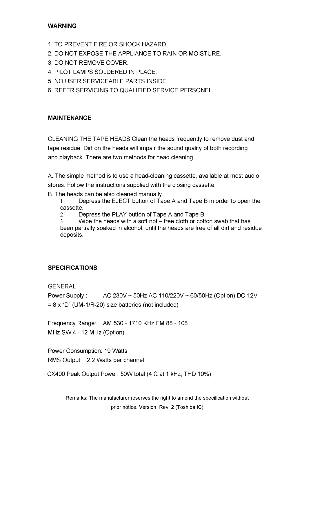 COBY electronic CX-CD400 operation manual Maintenance, Specifications, General 