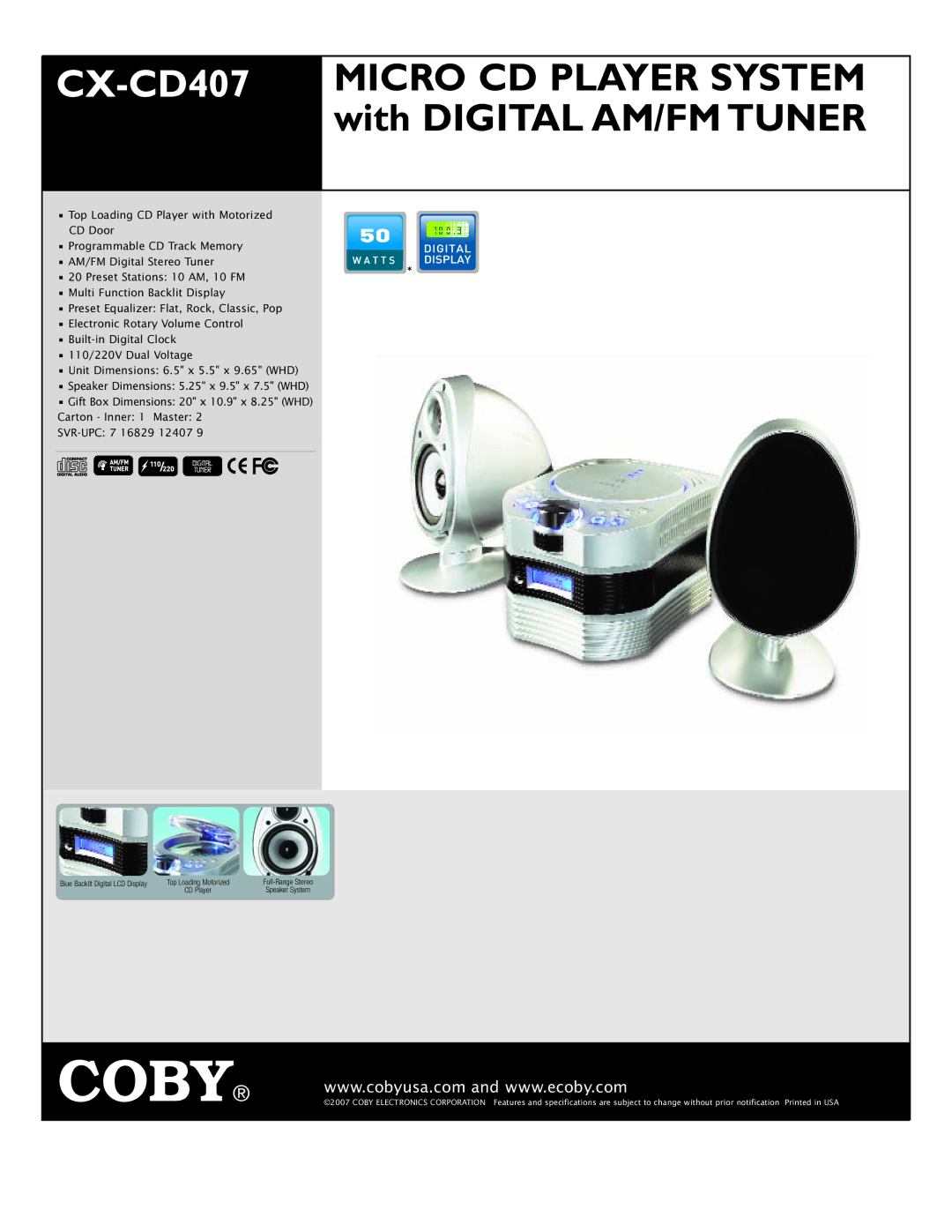 COBY electronic specifications CX-CD407MICRO CD Player System with Digital AM/FM Tuner 