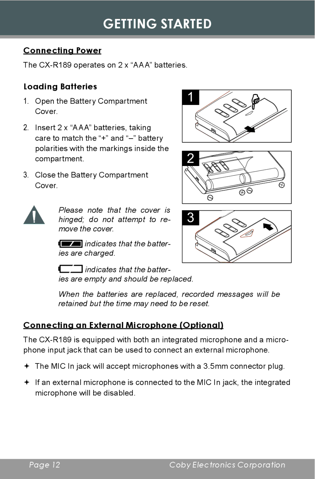 COBY electronic CX-R189 instruction manual Connecting Power, Loading Batteries, Connecting an External Microphone Optional 